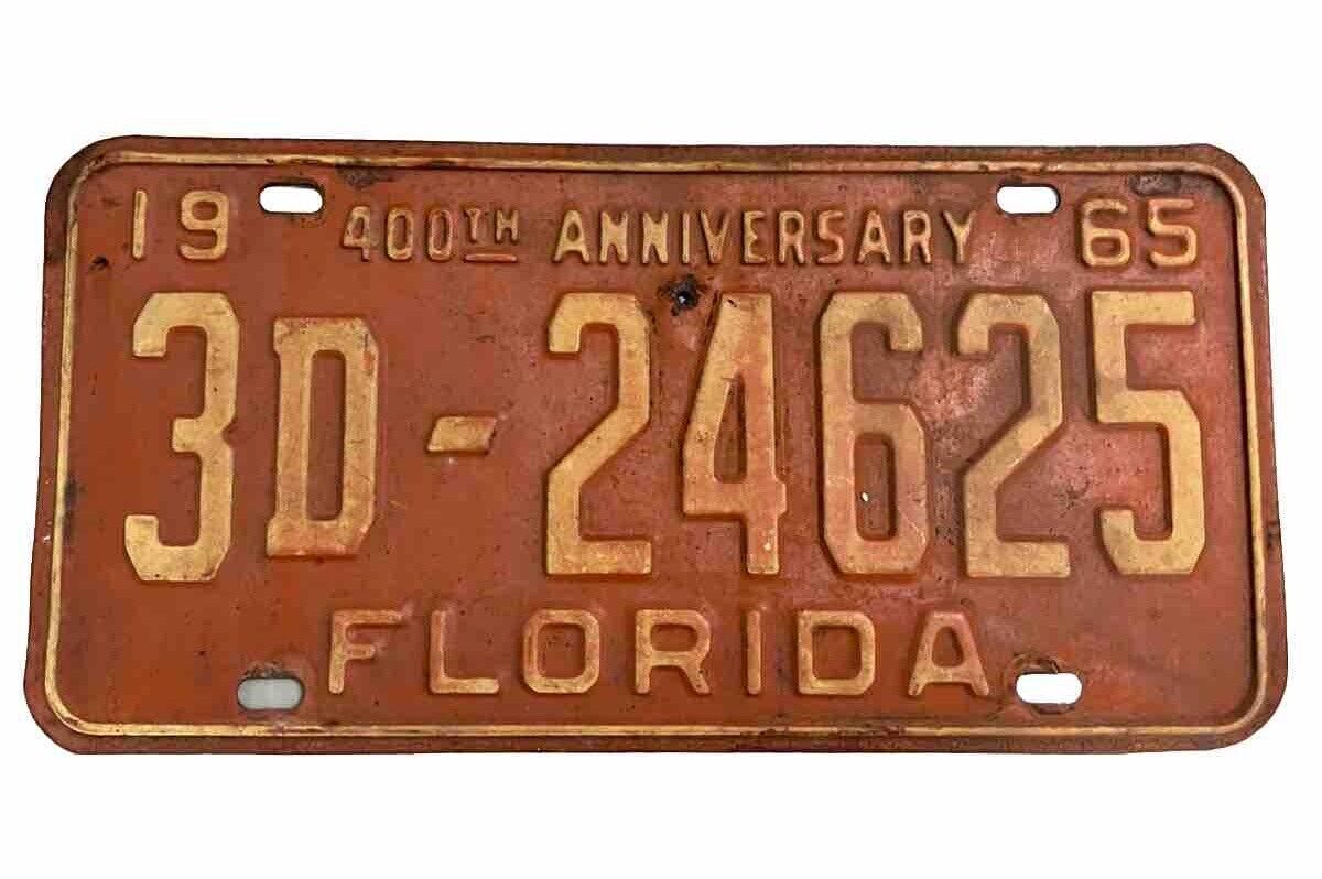 SINGLE FLORIDA LICENSE PLATE -1965- 3D-24625- PINELLAS COUNTY 400th ANNIVERSARY