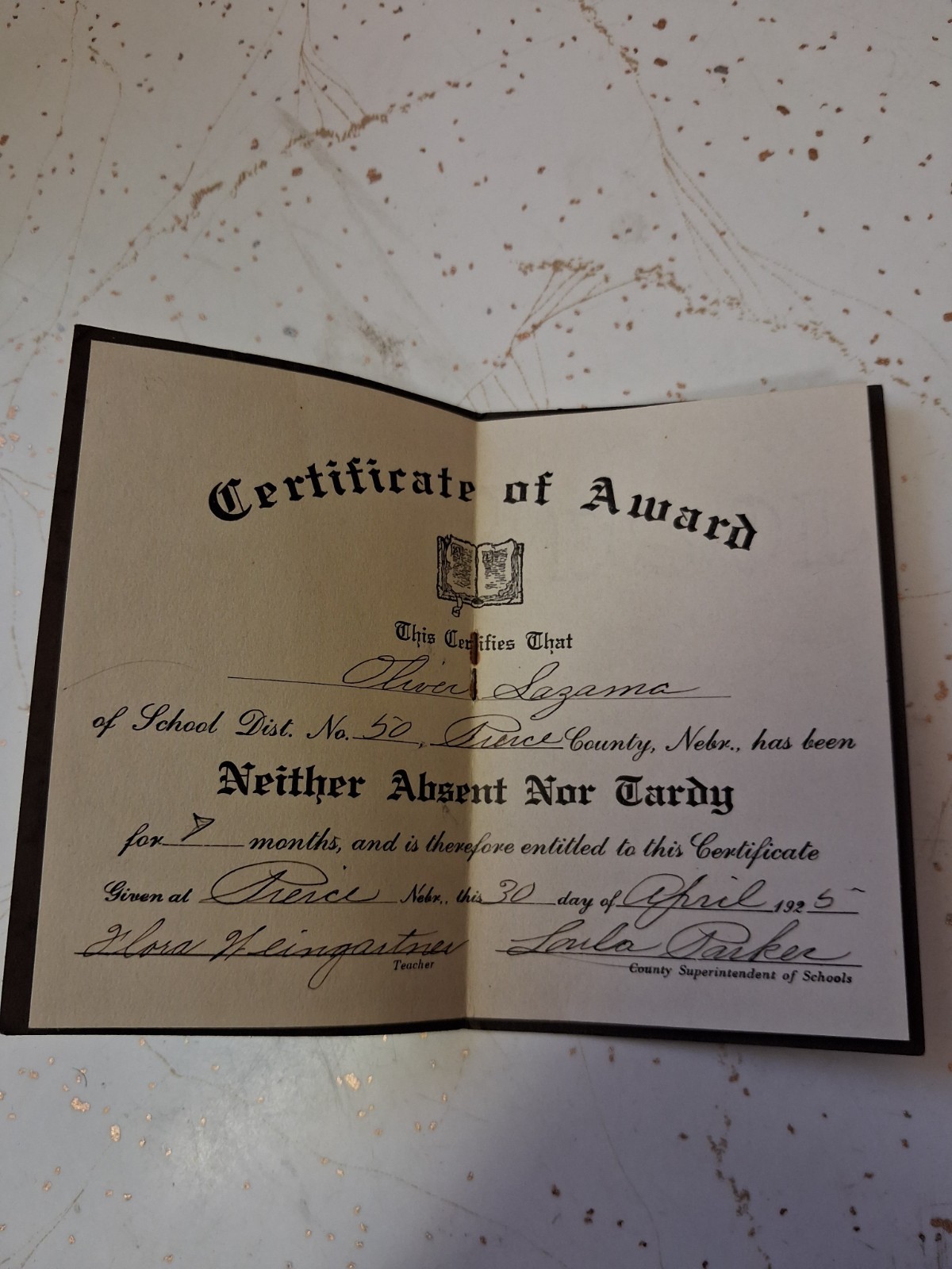 1925 Certificate of Award Neither Absent Nor Tardy Pierce County Nebraska 1925 Certificate of Award Neither Absent Nor Tardy Pierce County Nebraska