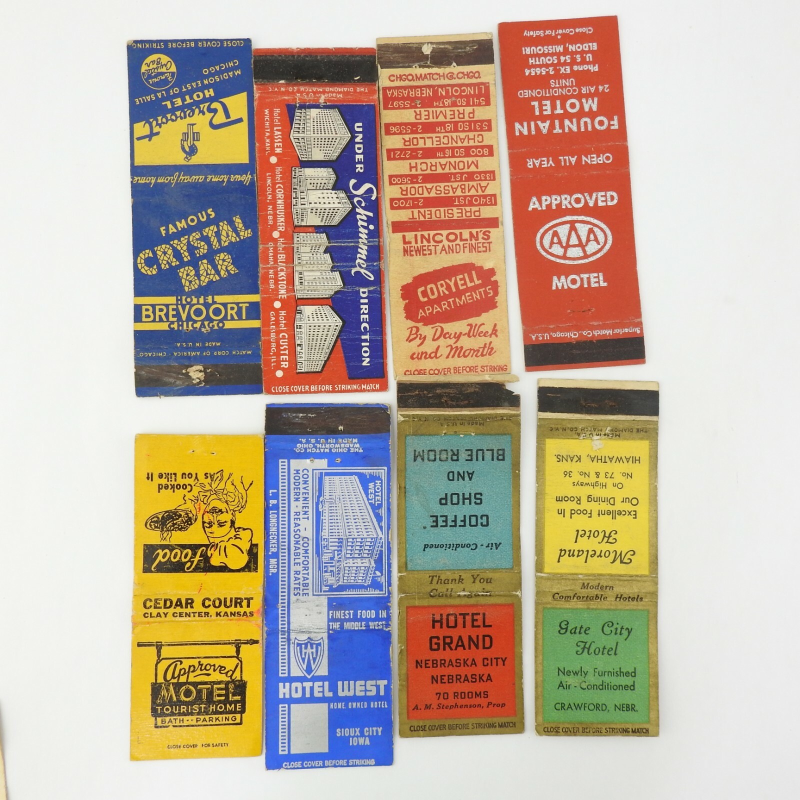 Vintage 8 Matchbook Cover Matchcover Lot Hotel Motel 