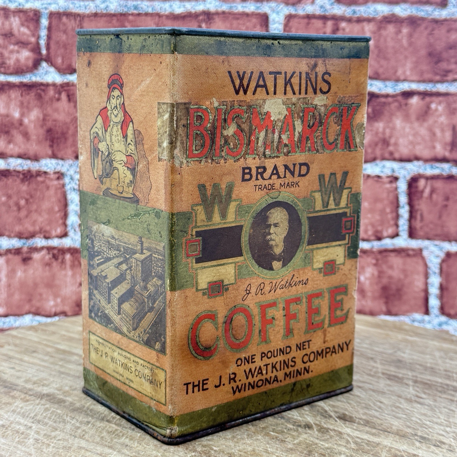 RARE J.R. Watkins Bismarck Coffee Litho Cardboard Tin Winona, Minnesota antique