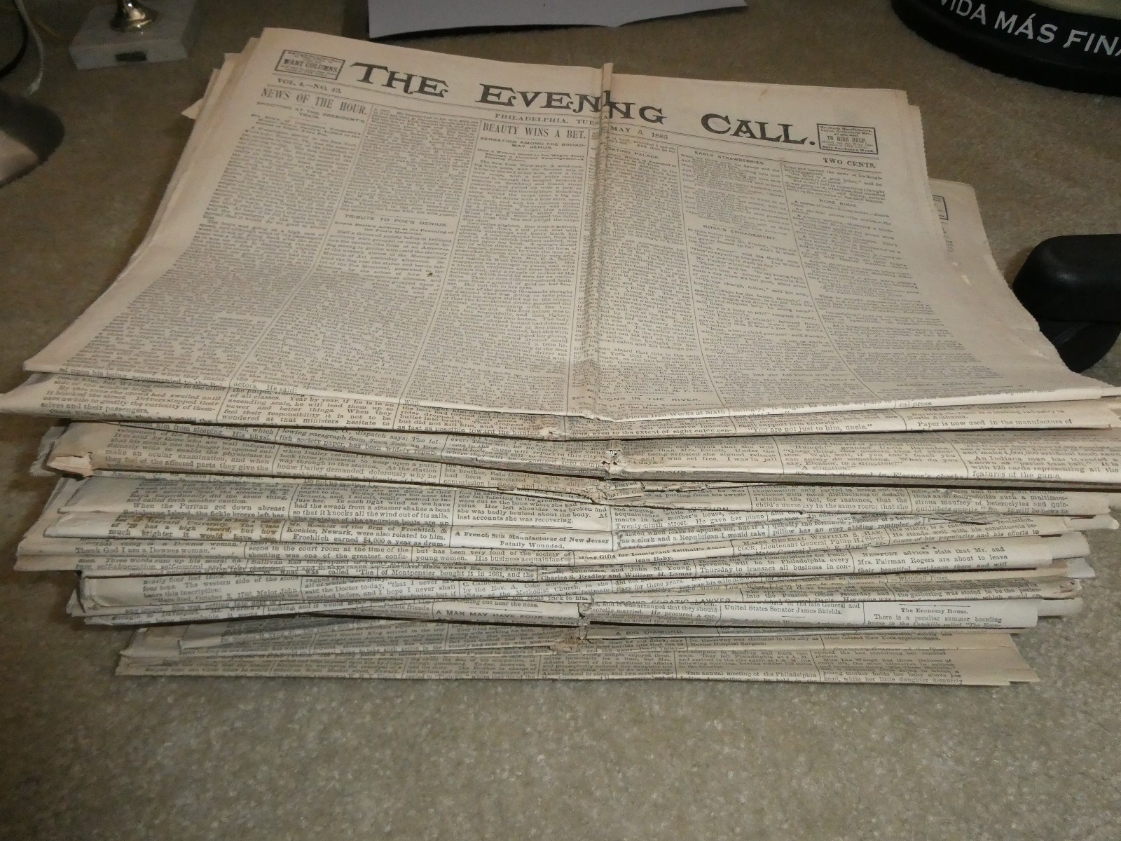 RARE Lot of 56 Original 1885 Philadelphia Evening Call Newspapers