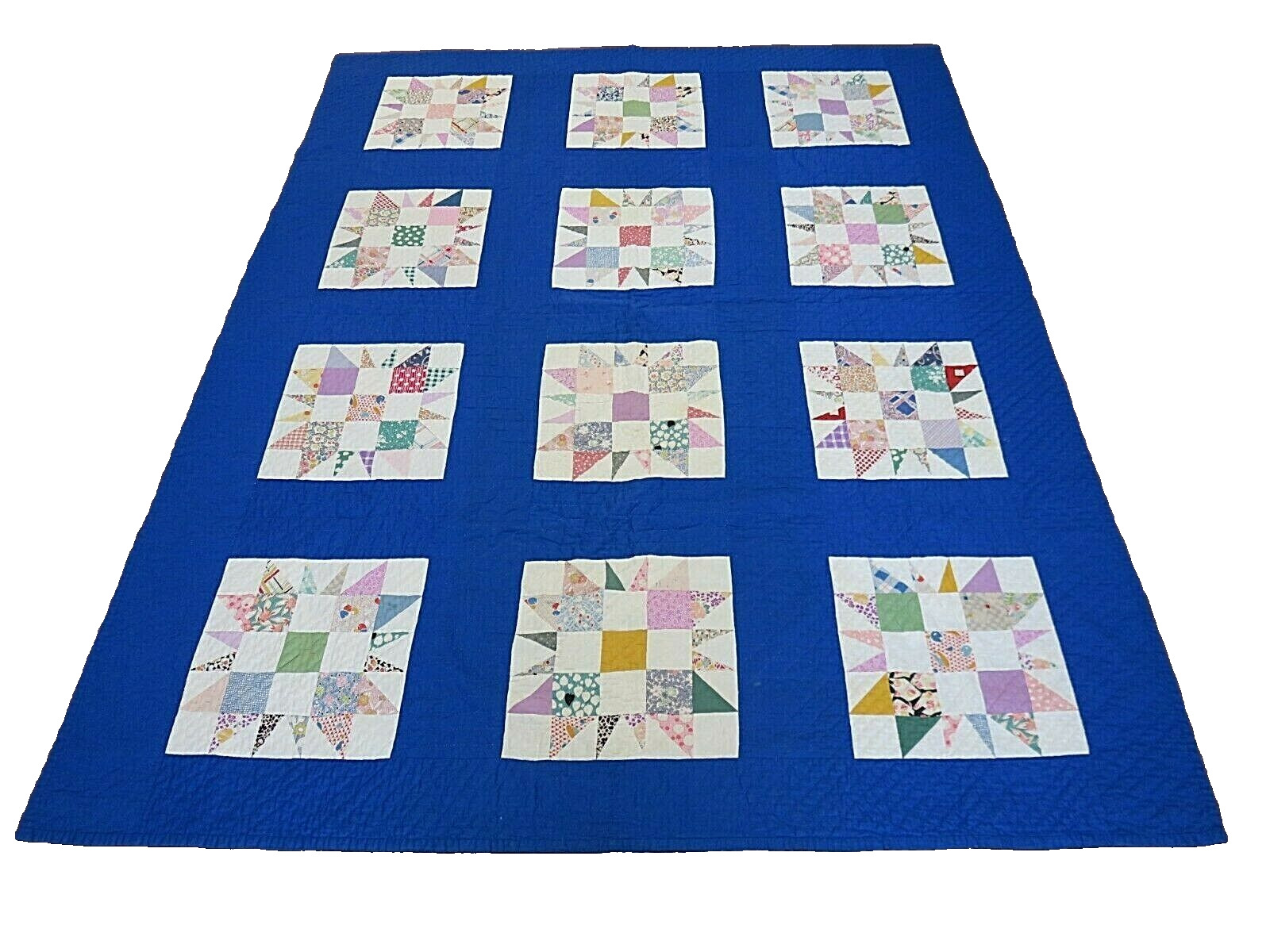 Vintage 1937 Handmade Patchwork Twin Quilt Cotton Sawtooth Star Pattern Signed