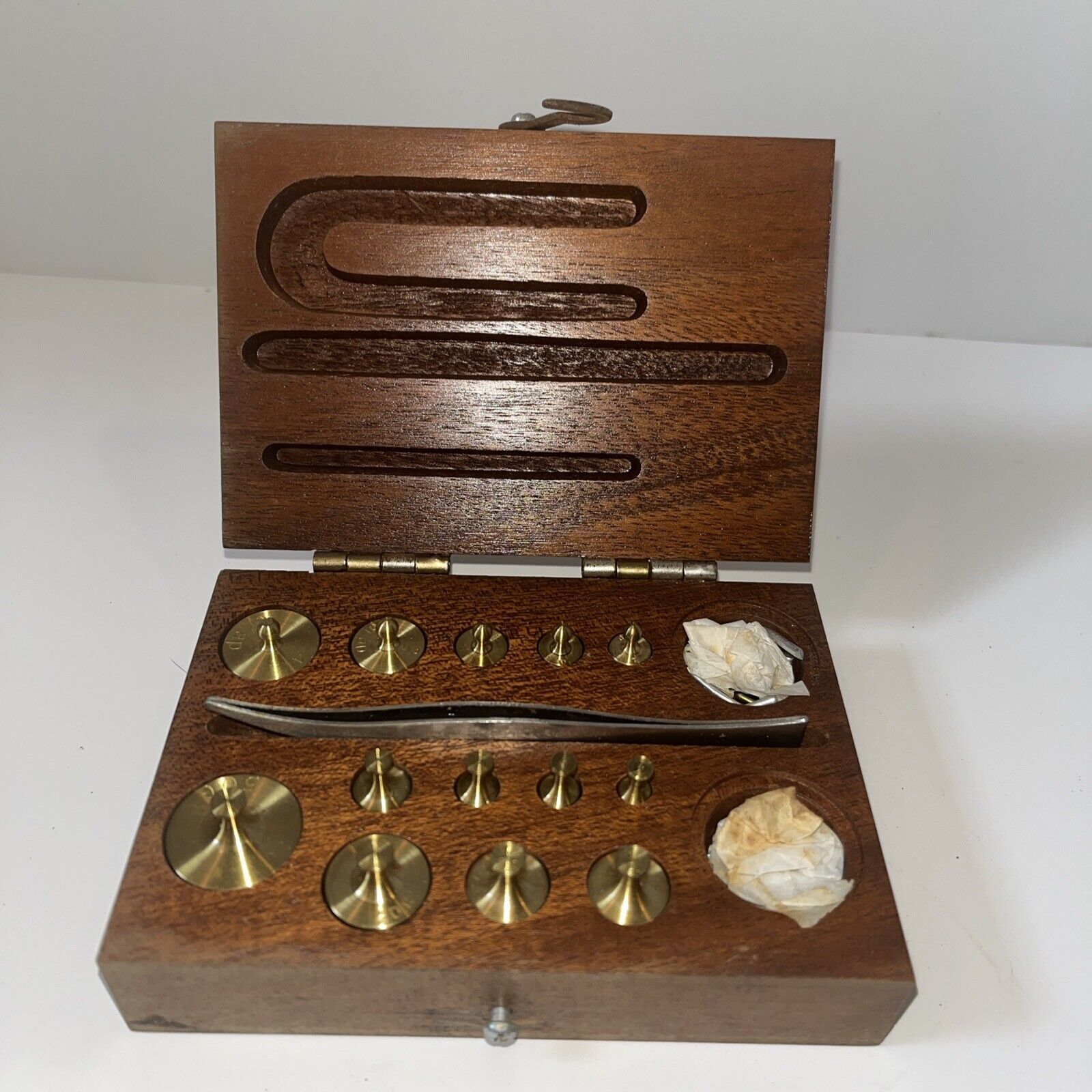 Antique Apothecary Calibration Brass Weights & Wood Box
