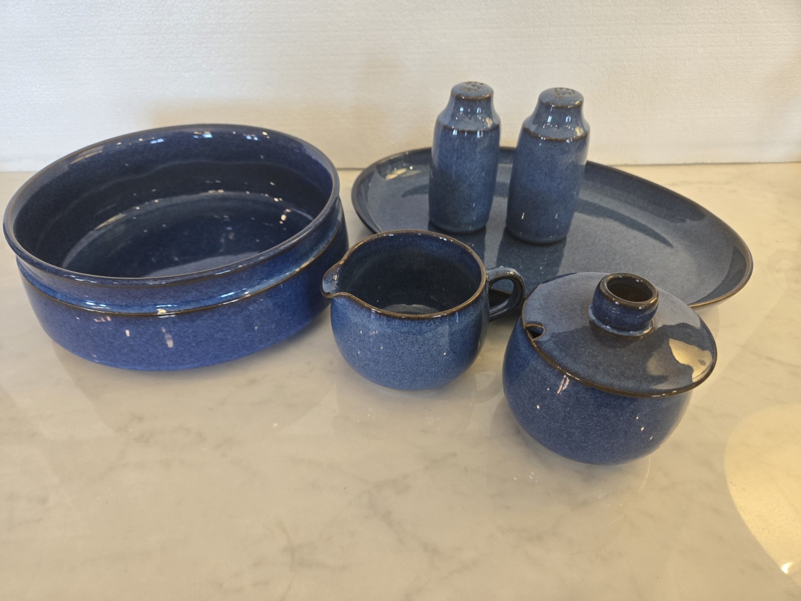 7 Serving Pcs Denby Langley English Blue Platter Bowl Salt Pepper Covered Sugar 7 Serving Pcs Denby Langley English Blue Platter Bowl Salt Pepper Covered Sugar
