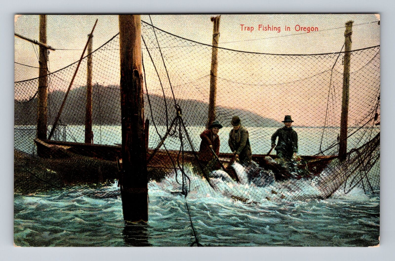 OR-Oregon, Men Trap Fishing in Oregon, Antique Souvenir Vintage Postcard