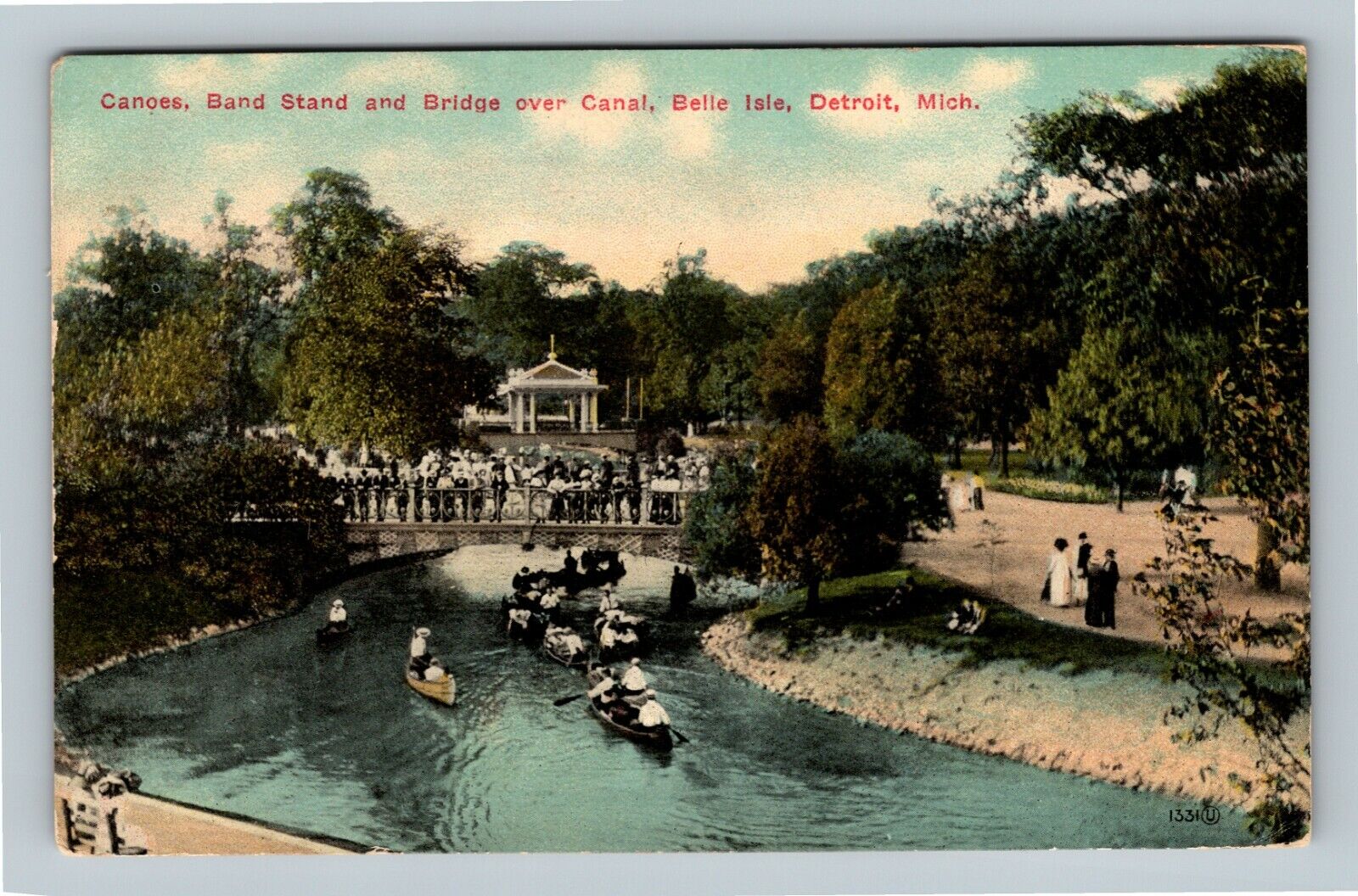 Detroit MI Band Stand & Canal Belle Isle Canoe Michigan c1912 Vintage Postcard