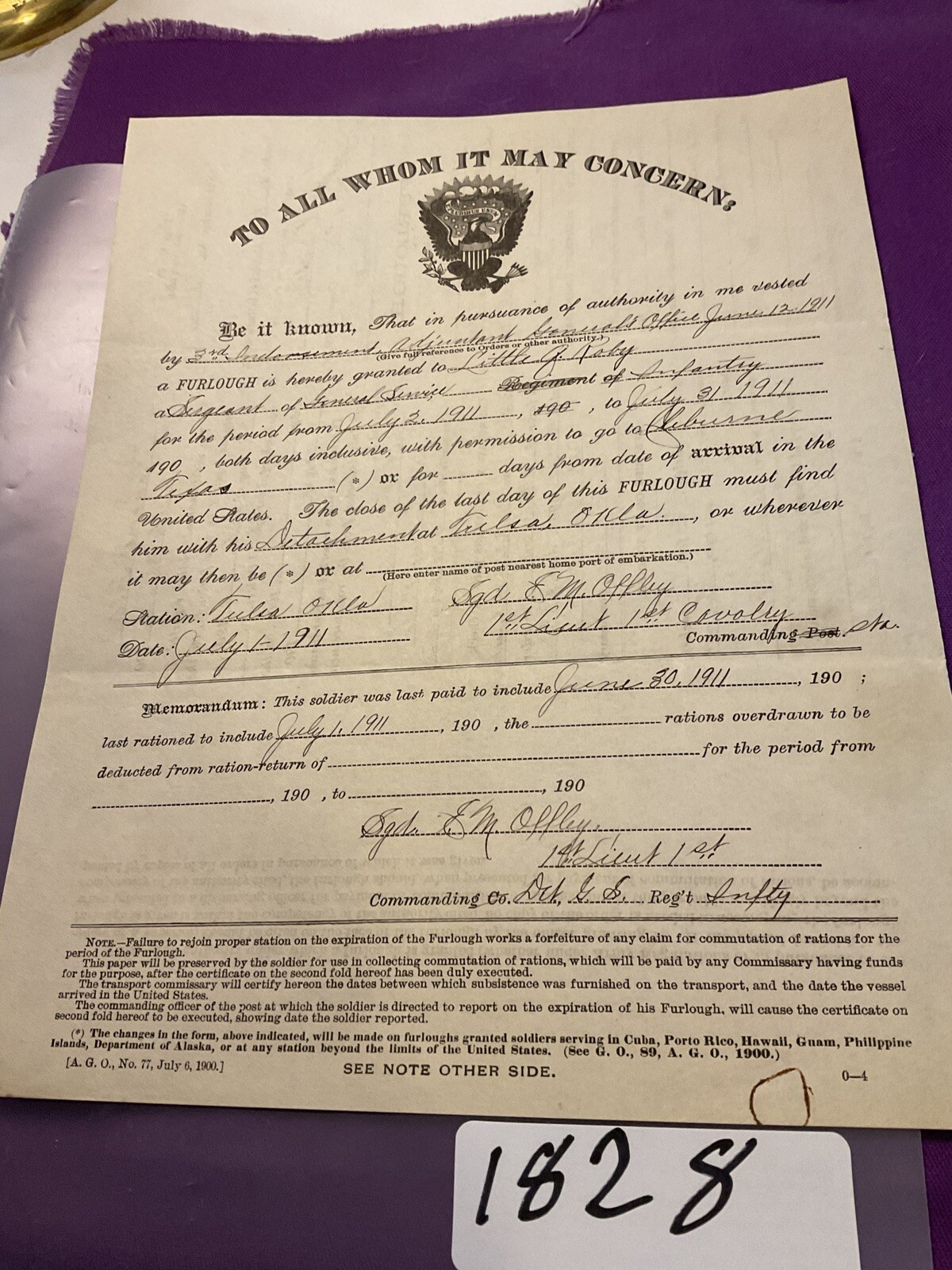 US ARMY FURLOUGH  TO GO CLEBURNE TX MUST REPORT TO TULSA OT SGN LT 1st CAV #1828