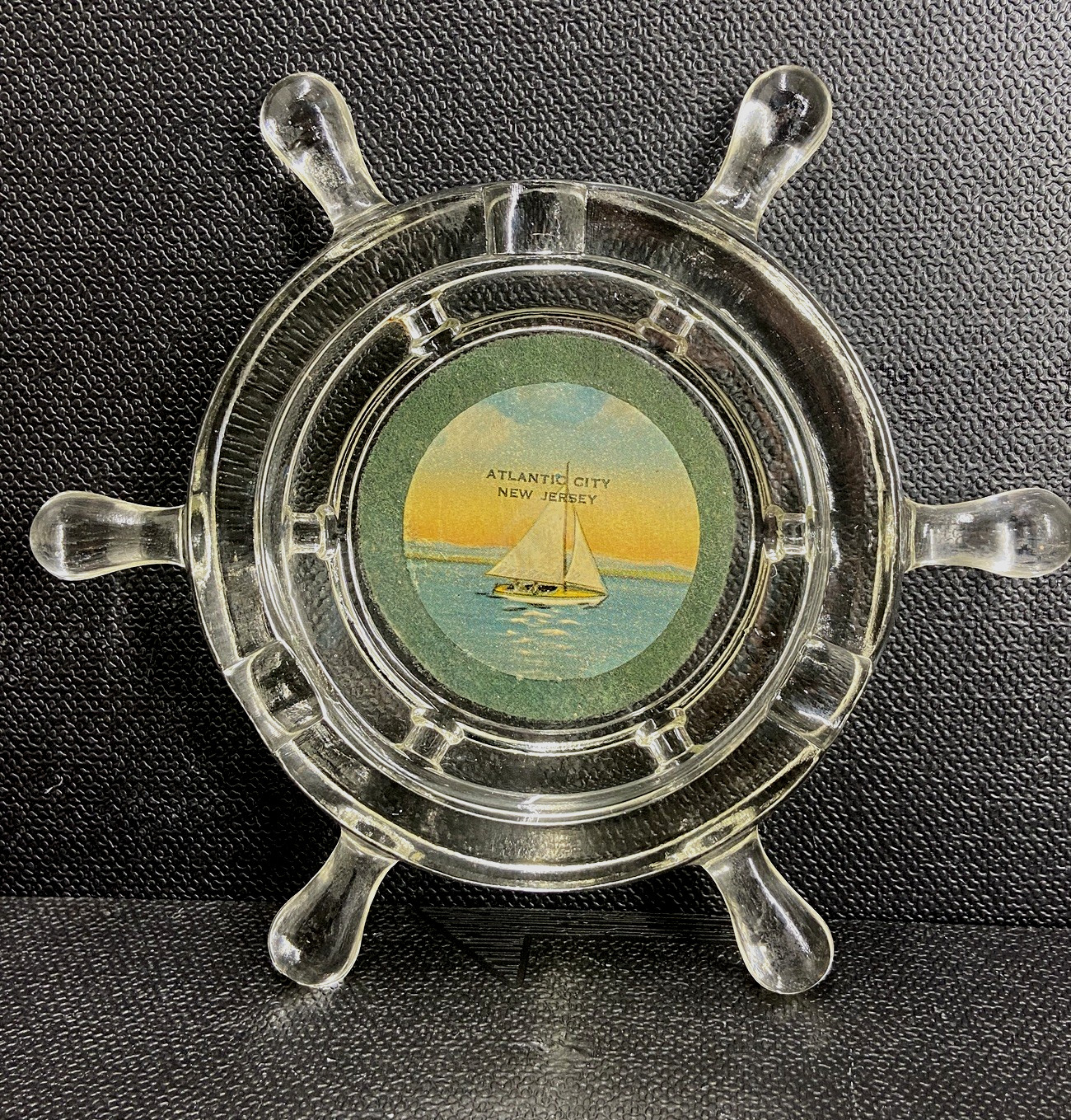 Vintage ATLANTIC CITY, NEW JERSEY Glass Ship Nautical Wheel Ashtray 6.75 in.