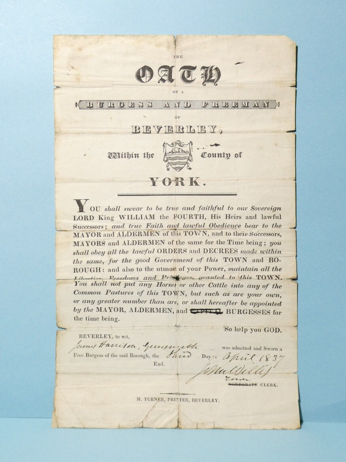 1837 James Harrison Oath of a Burgess & Freeman of Beverley York RARE #HBW