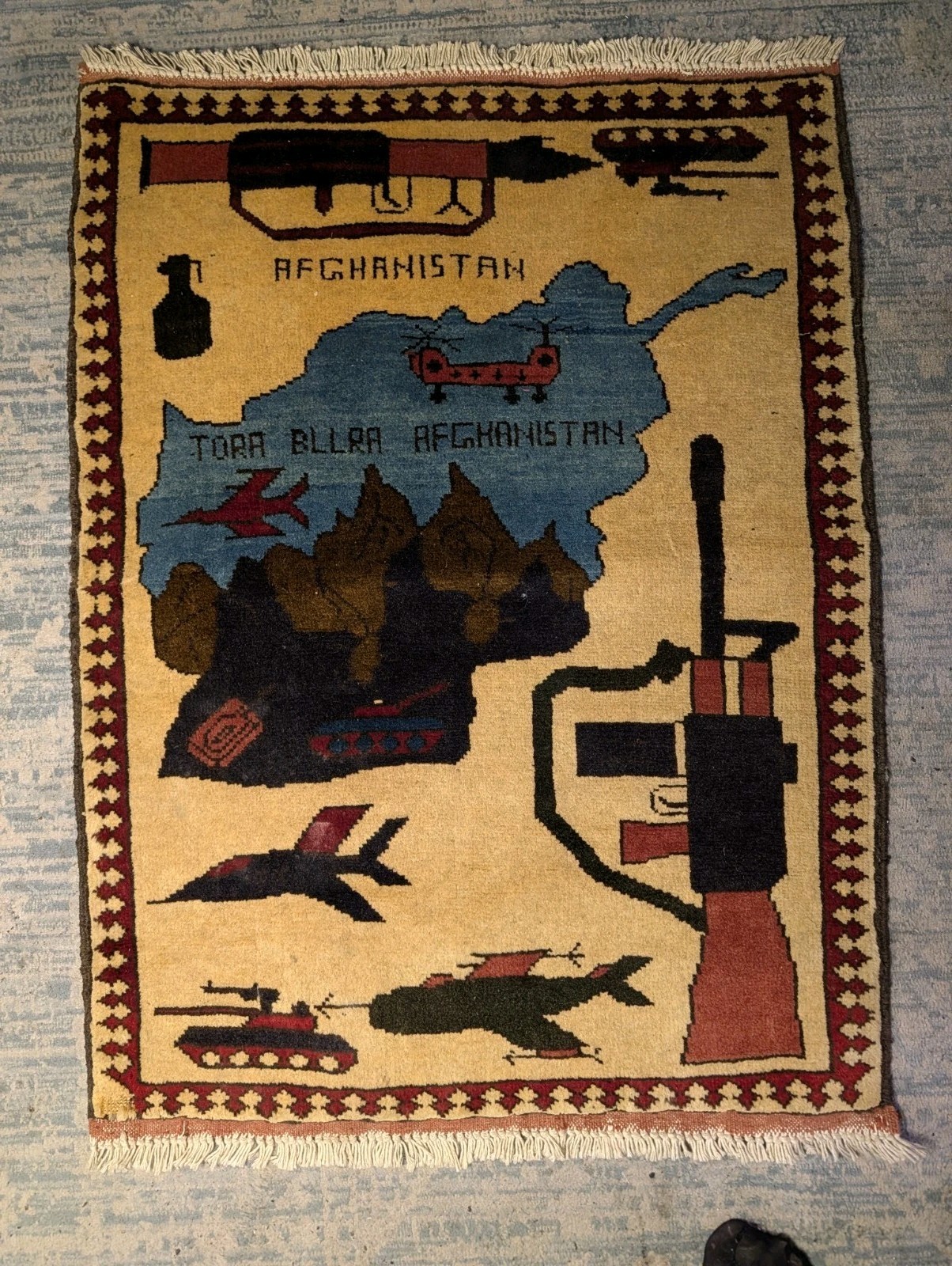 Afghan War Rug Tora Bora Map F-16 Tanks M16 Handwoven Folk Art Carpet 25.5x34