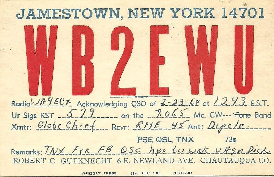 WB2EWU Jamestown, New York Vintage 1964 QSL Post Card. Amateur (Ham) CB Radio.