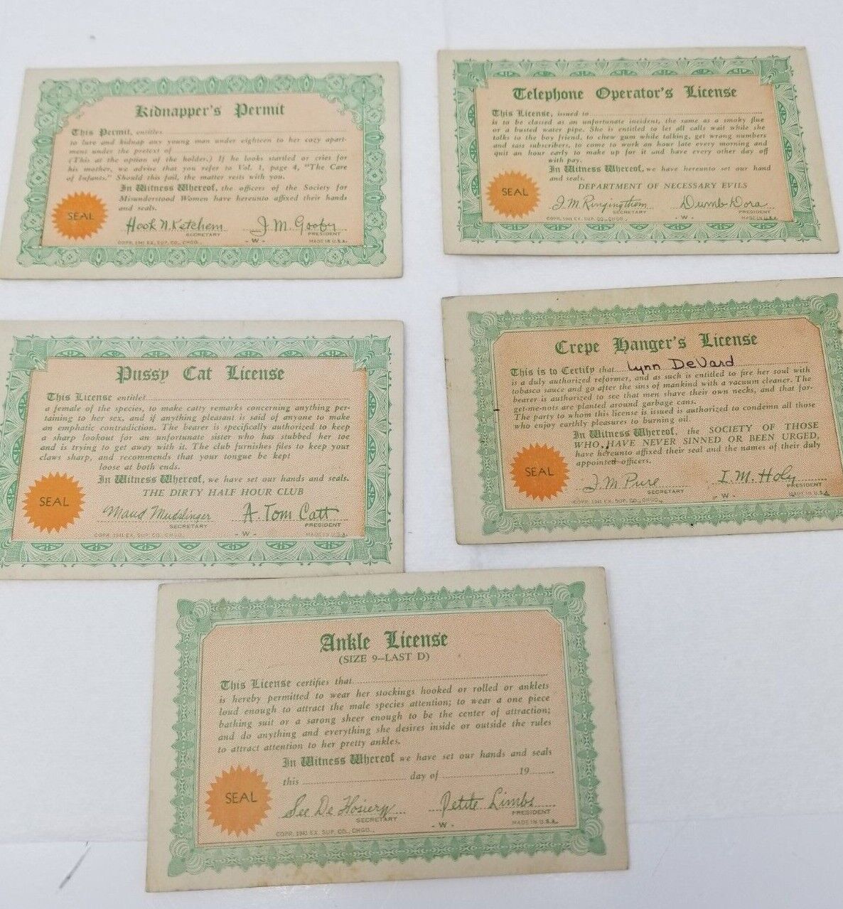 Joke Cards Tawdry Humor Cardboard License Awards 1941 Vintage Set of 5