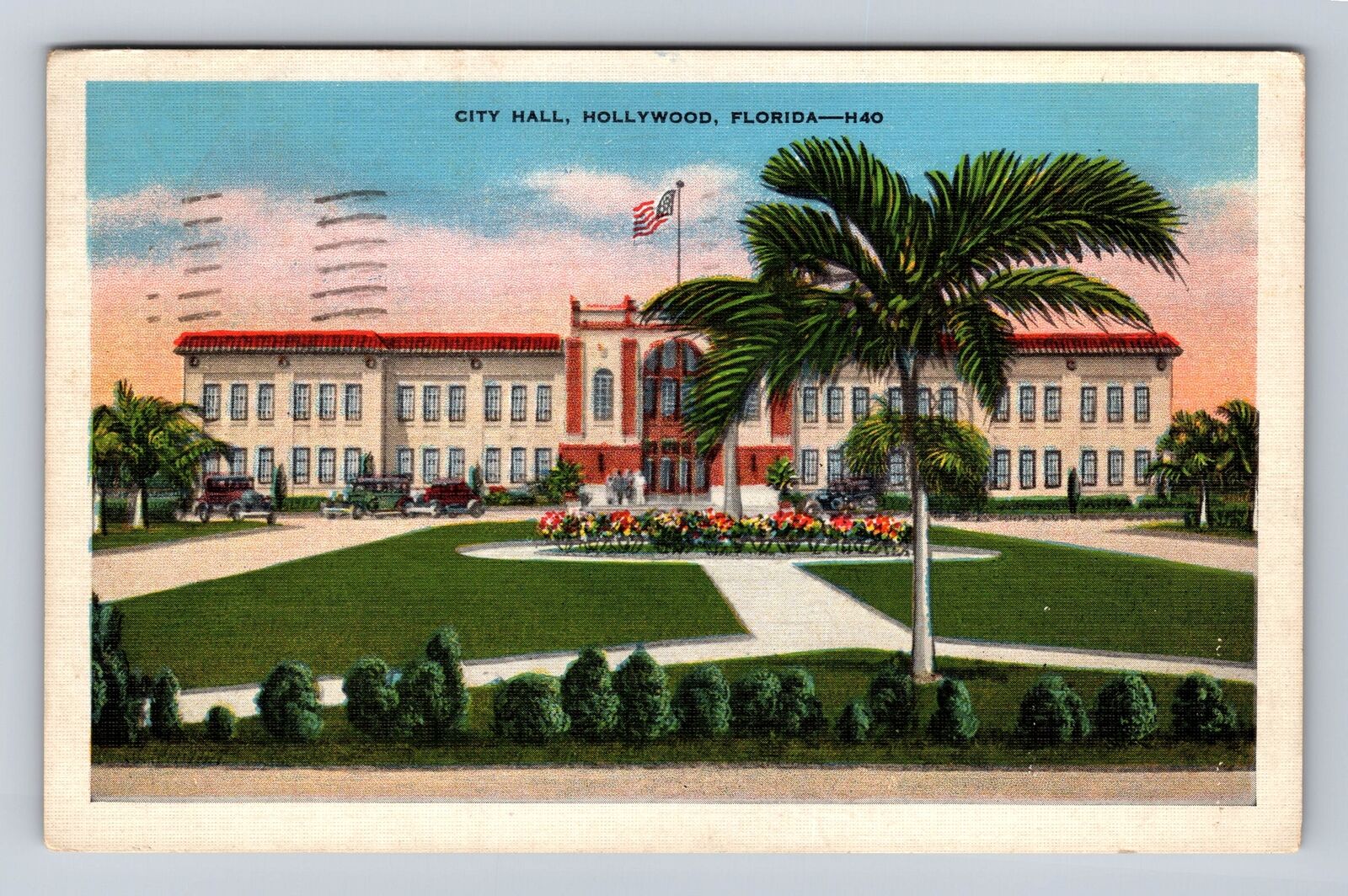 Hollywood FL-Florida, City Hall, Early Autos, Gardens, Vintage c1943 Postcard