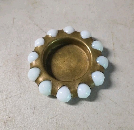 Vintage Jewel Tray or Ashtray White Pearl Vitro Marbles & Brass