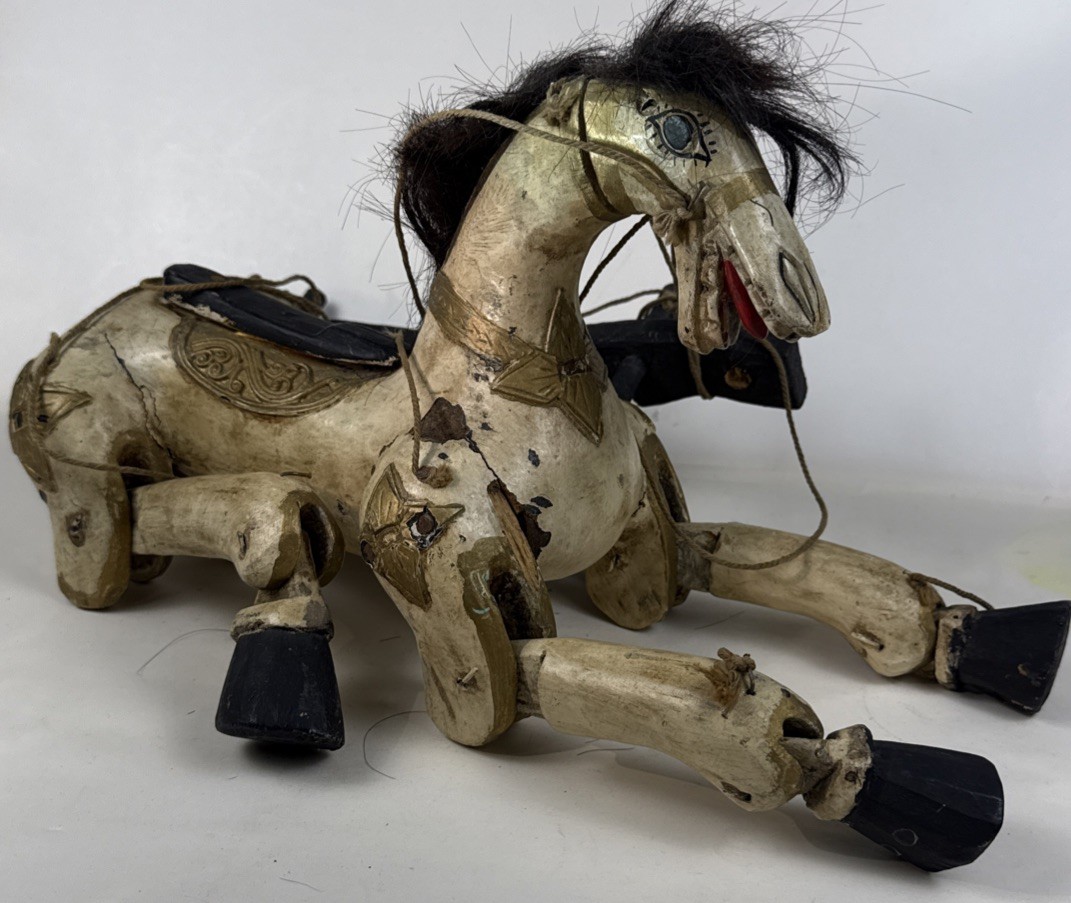 Vintage Hand Carved Wooden Marionette Horse Puppet Folk Art Jointed Figure