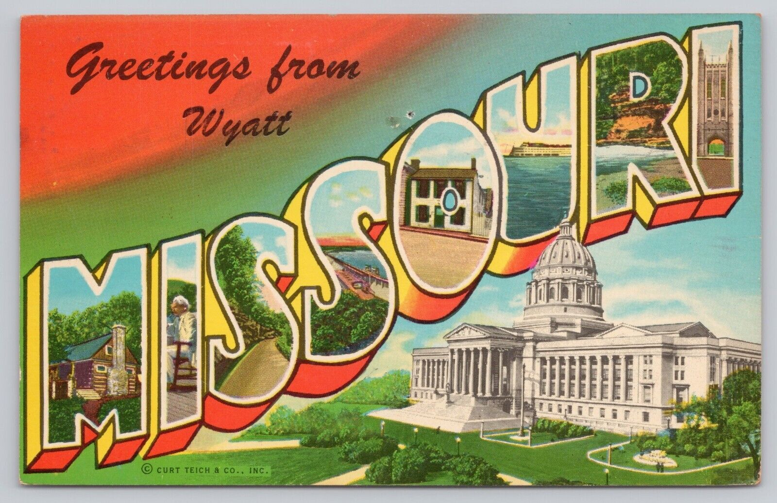 Wyatt Missouri, Large Letter Greetings, RARE HTF, Vintage Postcard
