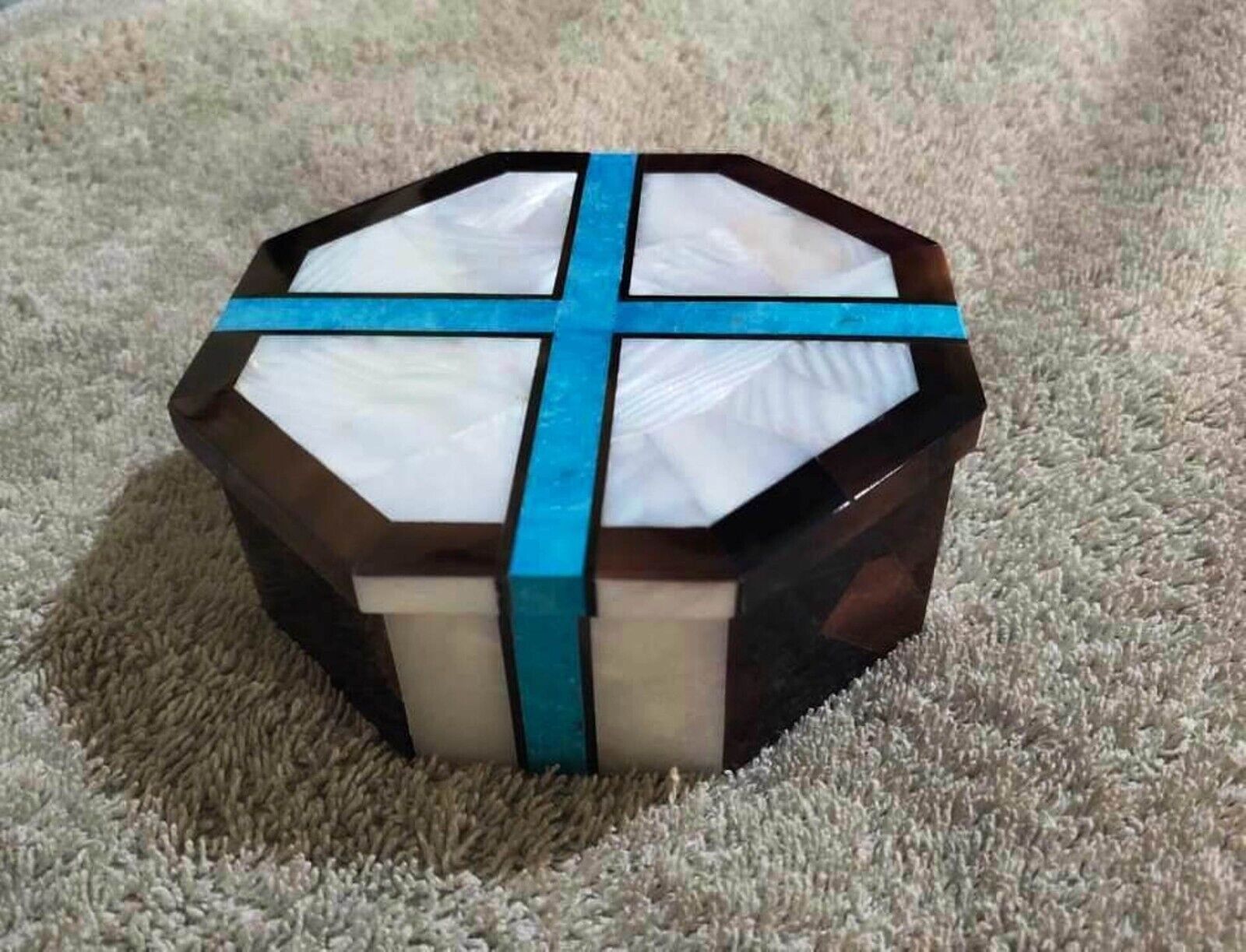 Semi Precious Gemstone Overlay Work Jewelry Box Octagon Marble Multipurpose Box