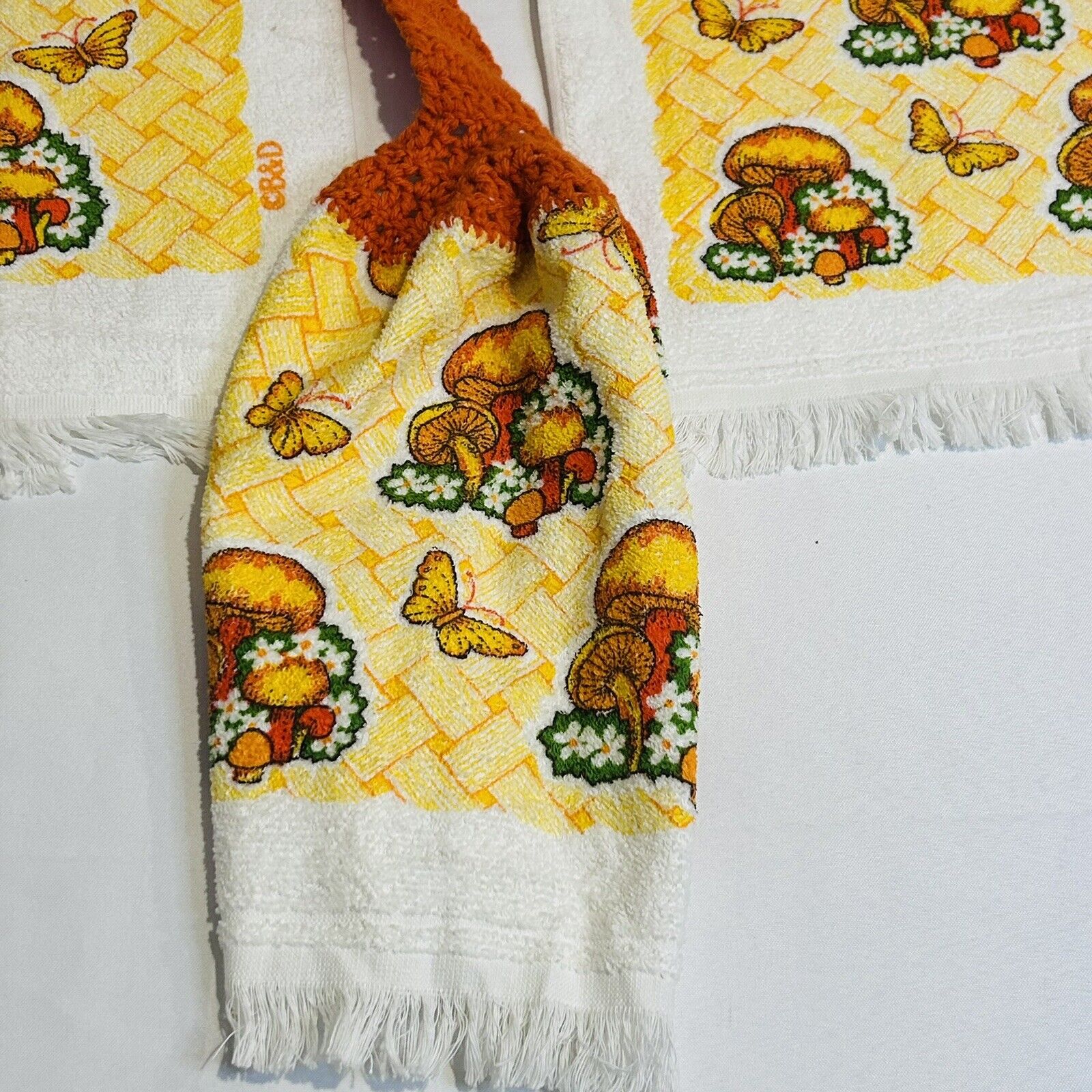 Vintage 80’s Mushroom Butterfly Kitchen Dish Towels Cotton Terry Cloth