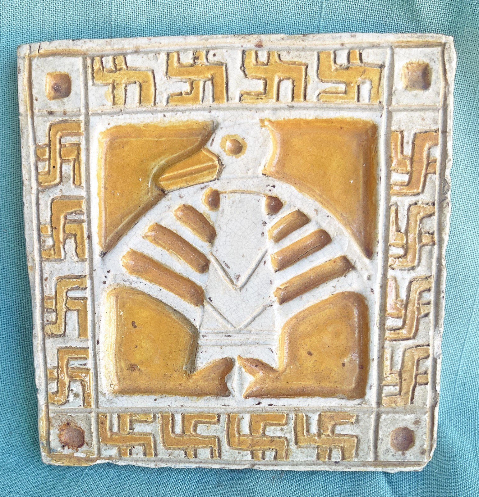 Unique Handcrafted Art Tile 1935 Native American Motif Thunderbird Whirling Log