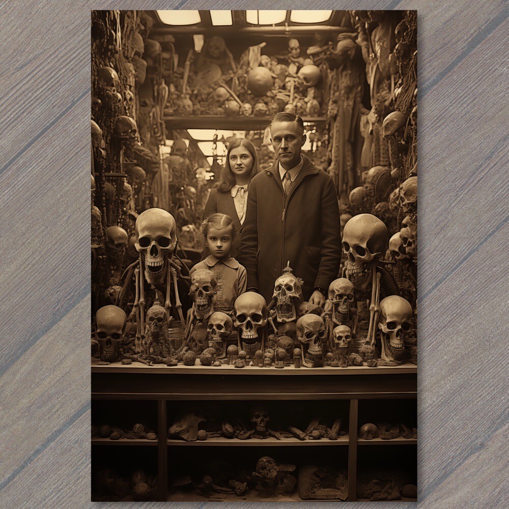 POSTCARD Weird Creepy Skull Girl Skeleton Death Family Halloween Cult Unusual