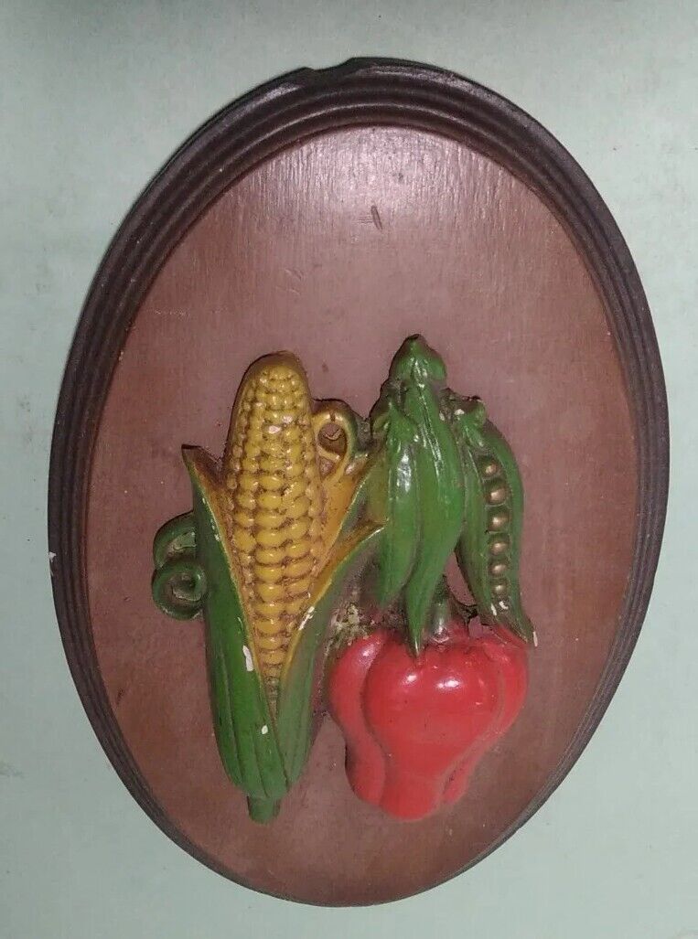 Vintage Plaster Chalkware Fruit Wall Plaque corn peas red pepper kitchen decor 