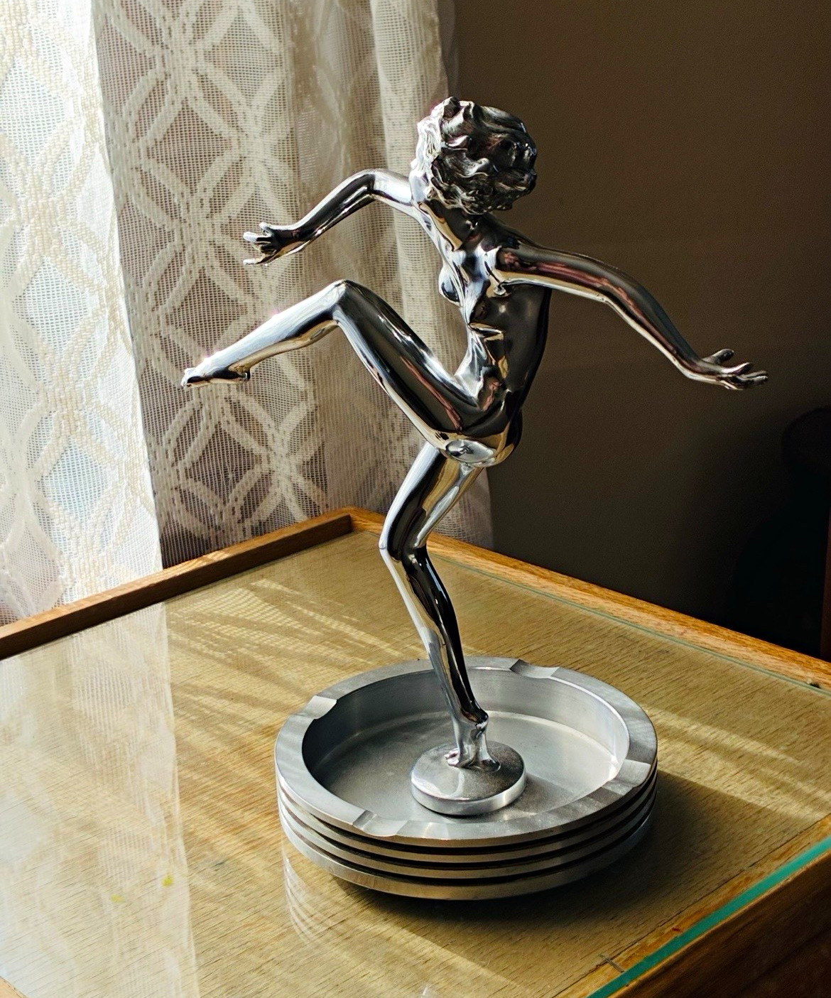Ronson Art Metal Works Art Deco Nude Kicking Dancer Metal Ashtray Sculpture