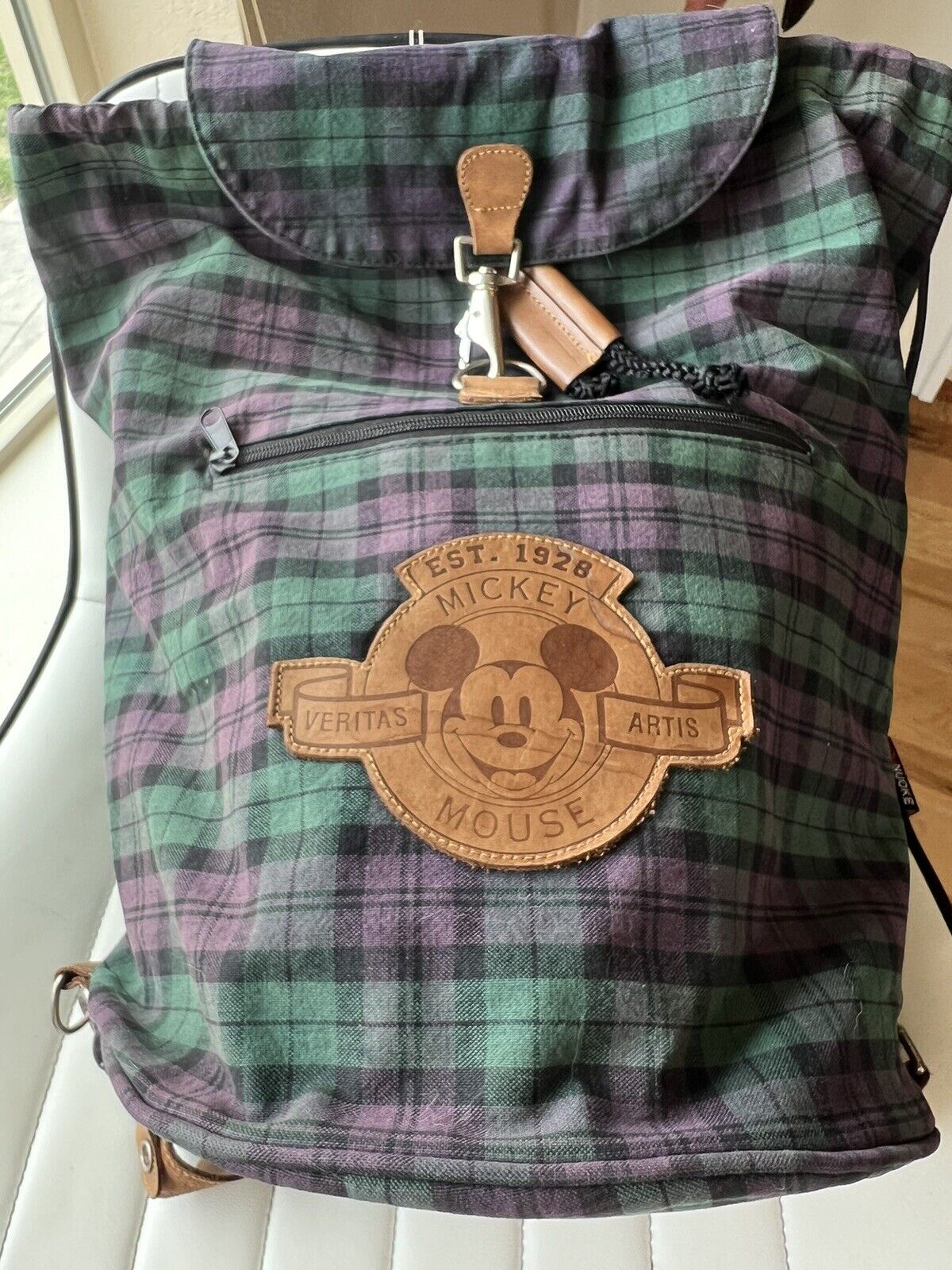 Vintage 90’s Mickey Mouse Clip Closure Backpack Plaid Leather #84167. Rare Find