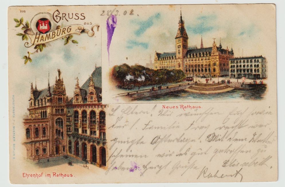 +Int litho postcard greeting from Hamburg, various views used 1902+ +Int litho postcard greeting from Hamburg, various views used 1902+