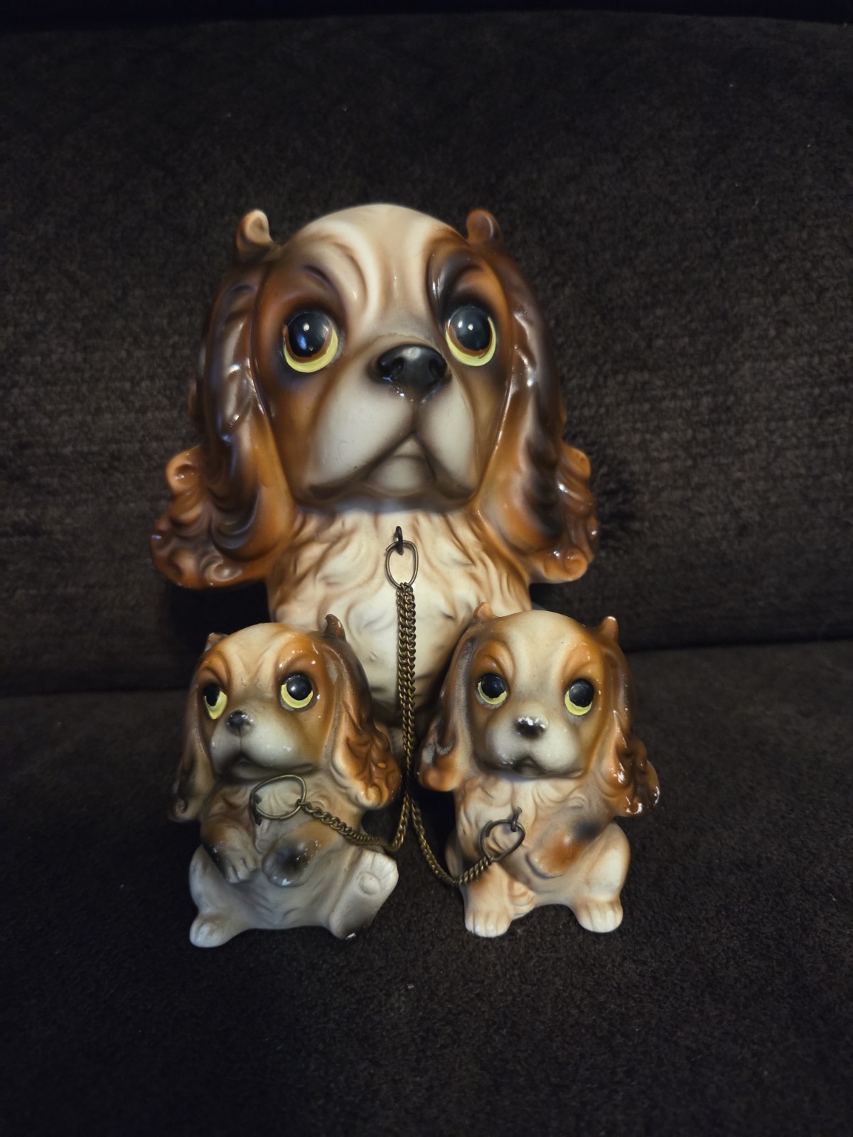 Vintage Cavalier King Charles Cocker Spaniel Puppy Dog 3pc Ceramic Figurine