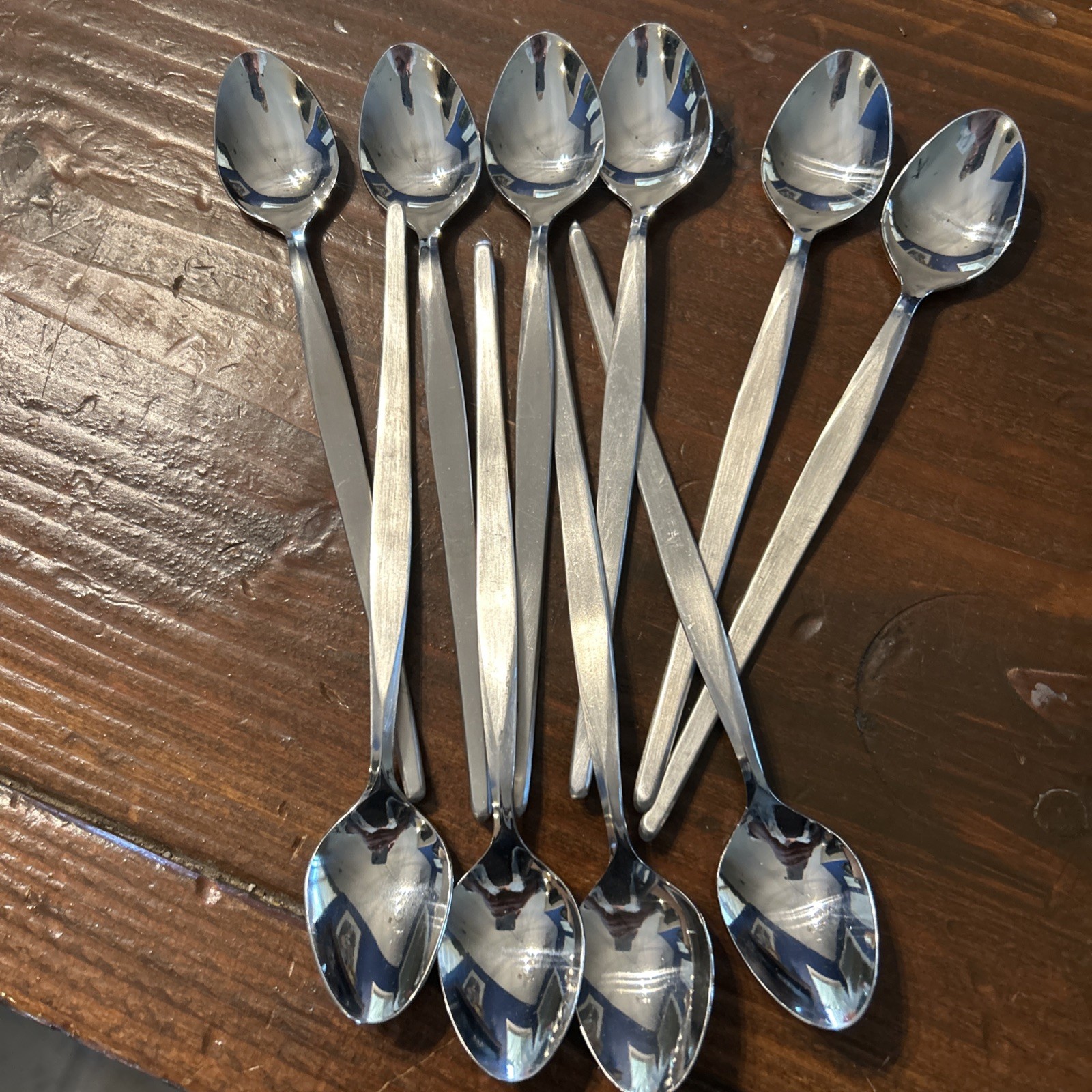 8 Long “Teaspoons” Vintage Noritake LINDEN Japan 18/8 Stainless Hard To Find