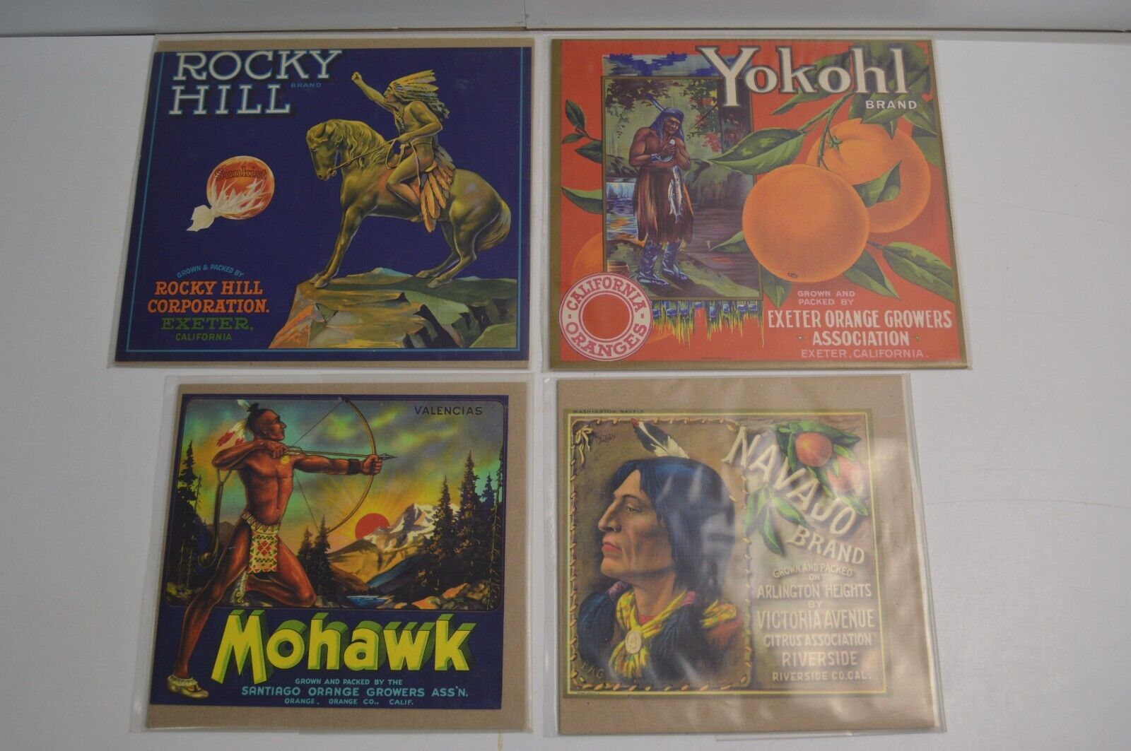 4 Vintage Native American Orange Fruit Crate Labels Ads Mohawk Navajo Yokohl