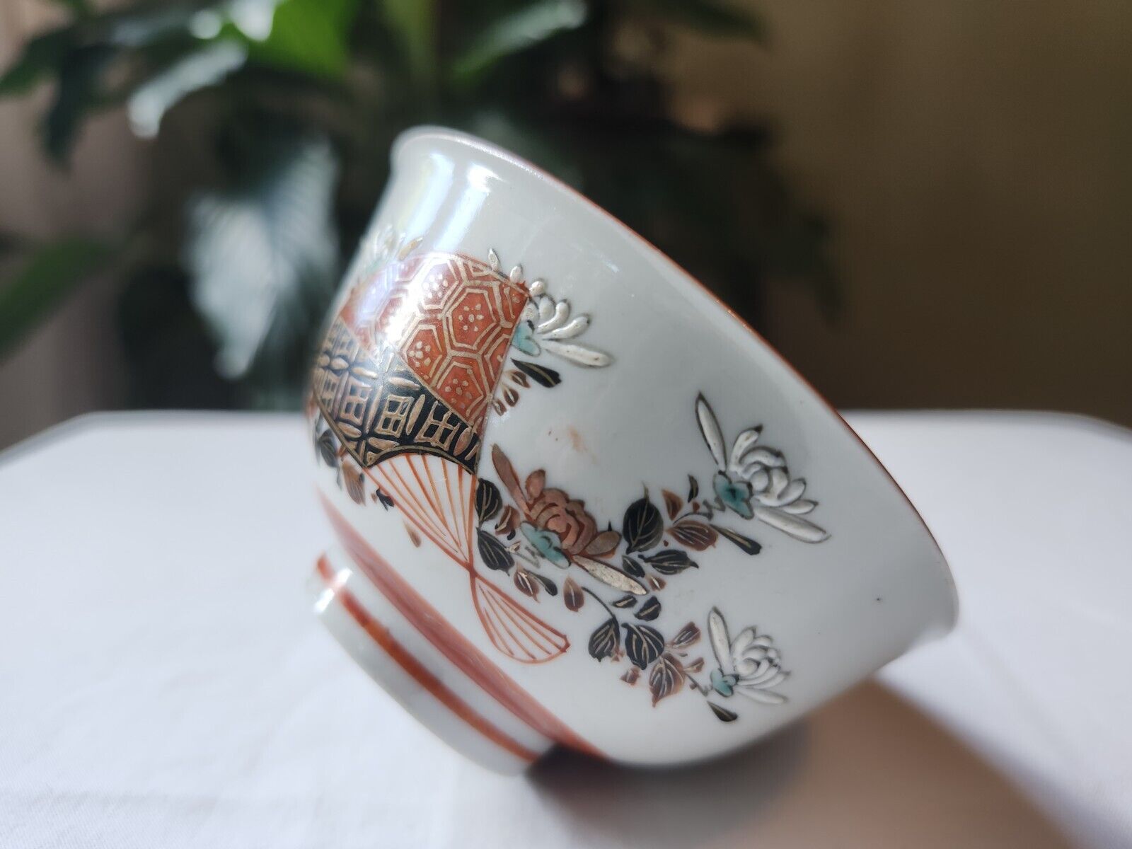 Antique Japanese Kutani Tea Cup Small Bamboo Flowers Mountain Hand Painted