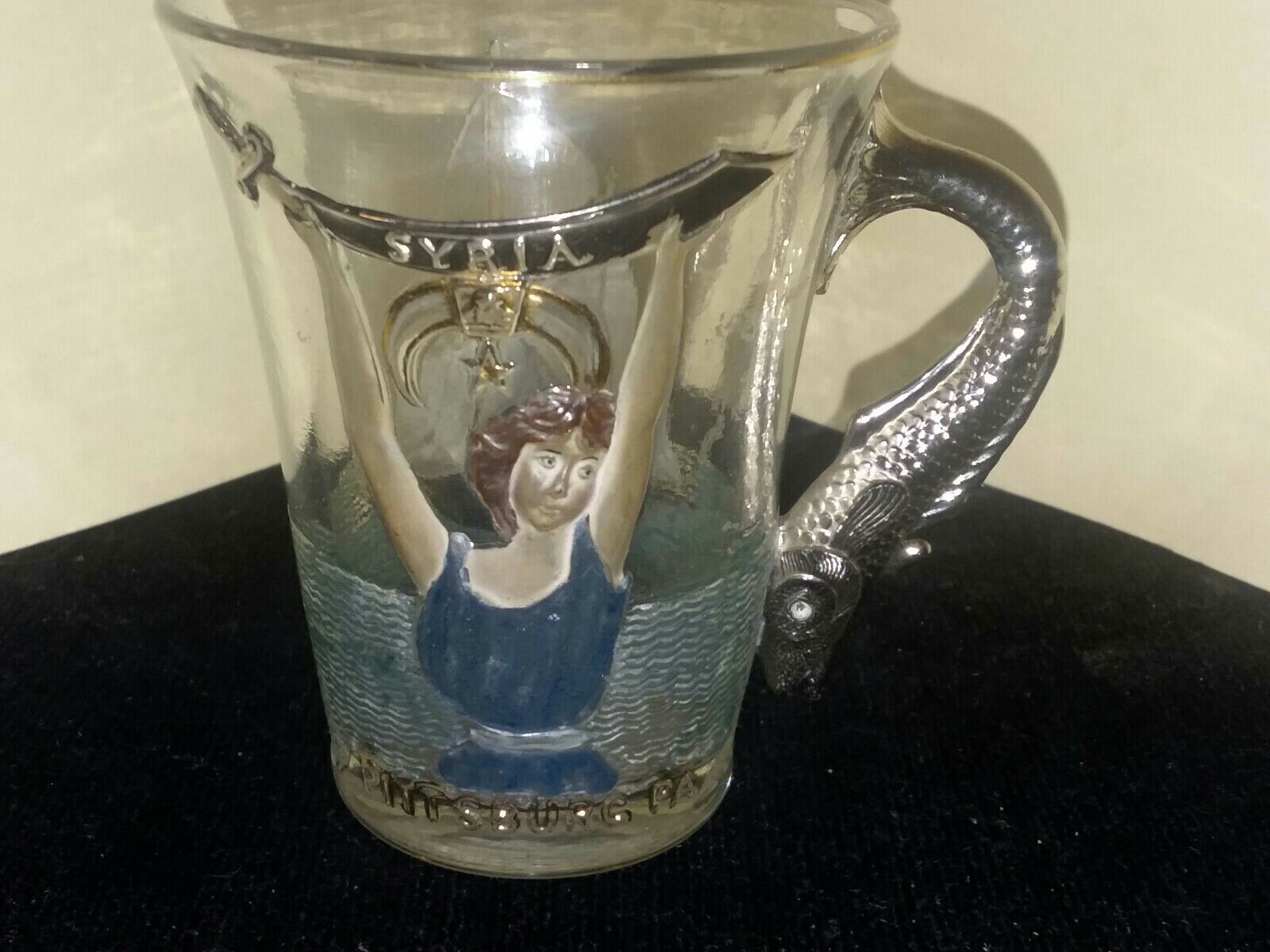 TI-027 Shriners Convention Handled Glass Cup 1904 Atlantic City Sailboat Woman