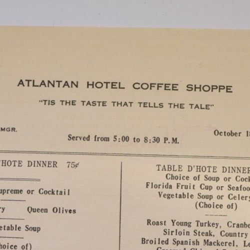 1934 Atlantan Hotel Coffee Shoppe Restaurant Menu Ted Yon Manager Atlanta GA