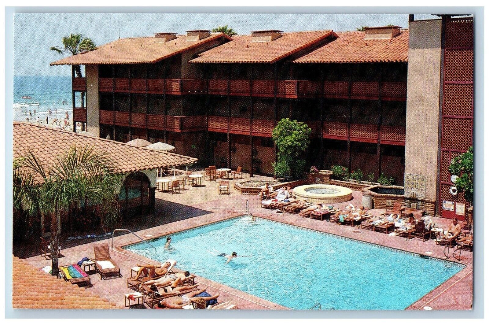 La Jolla California CA Postcard Pool Side Sea Lodge Hotel Building c1960 Antique