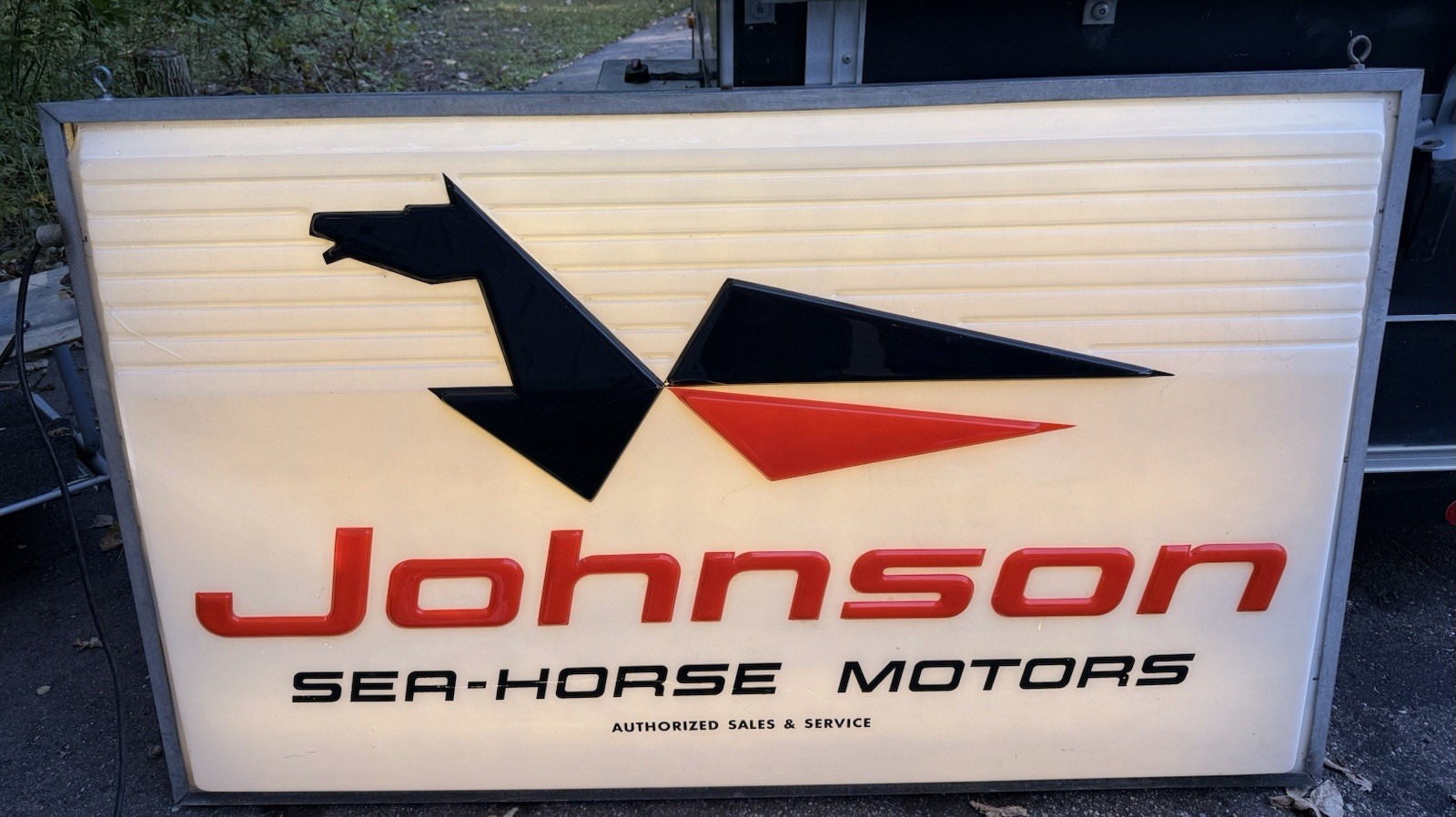 Vintage Johnson Outboard Dealer Lighted Sign 1960s w/ Iconic Red Tail Logo 61x31 Vintage Johnson Outboard Dealer Lighted Sign 1960s w/ Iconic Red Tail Logo 61x31