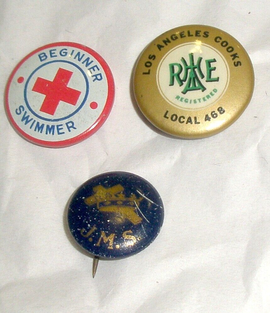 Vintage Button Pins Lot - Red Cross Beginner Swimmer - JMS - Angeles Cooks