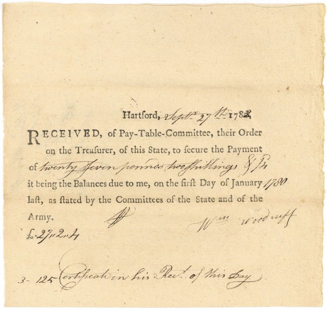 1780's dated Pay Order - Connecticut - Receipt from the Pay-Table Committee -