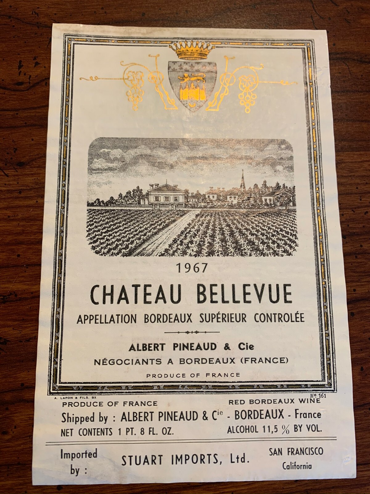Vtg wine bottle label Bordeaux France French CHATEAU BELLEVUE 1967