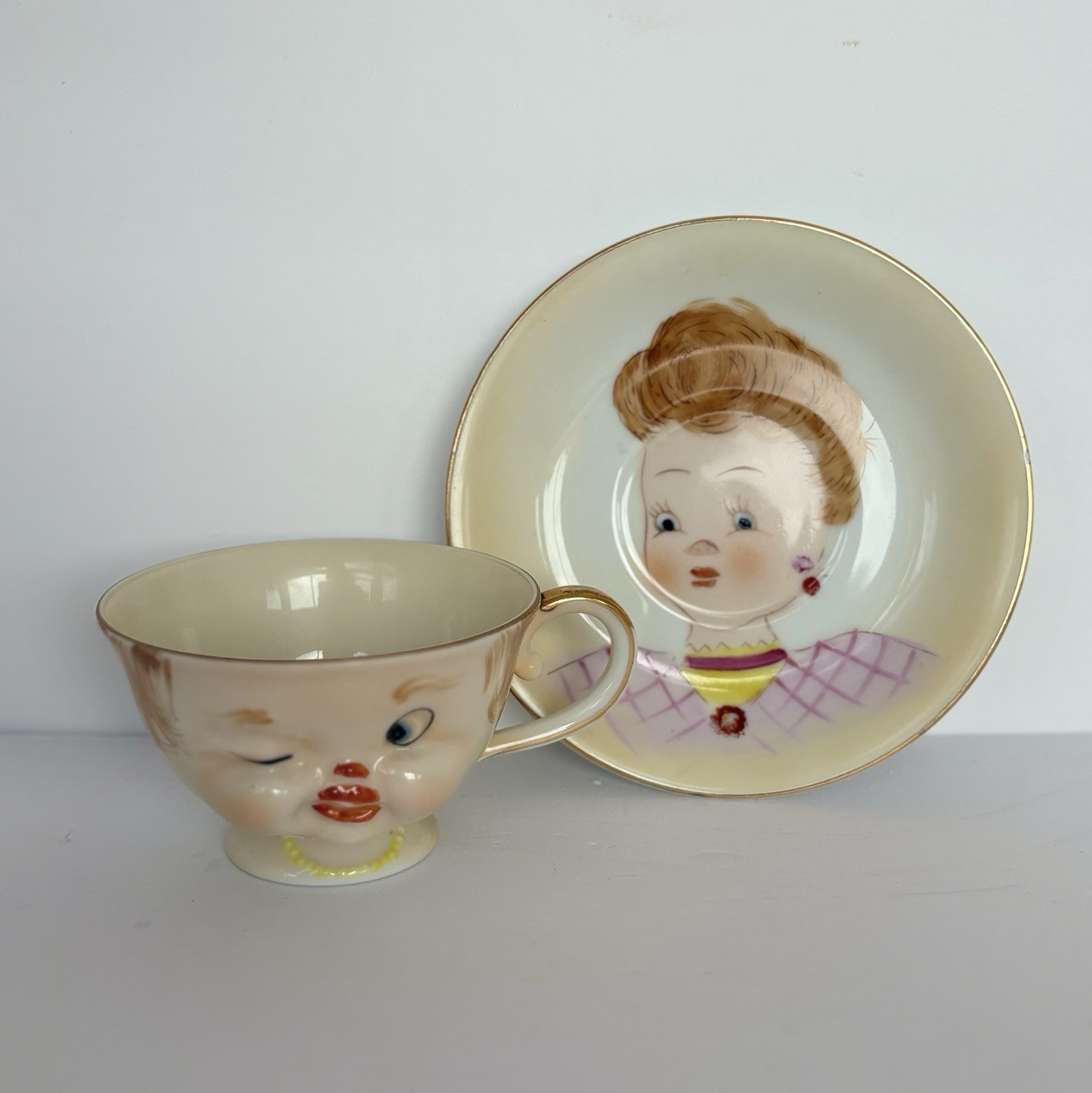 Vintage Ardalt Lenwile 6797 Winking Lady Face Cup Saucer Japan MCM Figural Vintage Ardalt Lenwile 6797 Winking Lady Face Cup Saucer Japan MCM Figural
