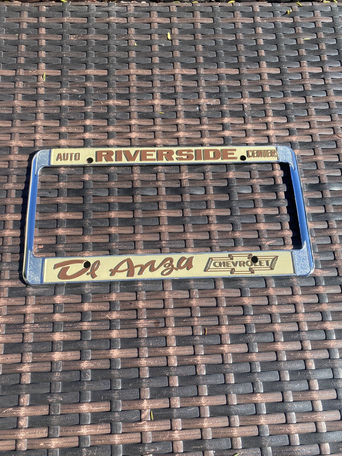 Original vintage Riverside Chevrolet Dealer De Anza License Plate Frame 1980s Original vintage Riverside Chevrolet Dealer De Anza License Plate Frame 1980s