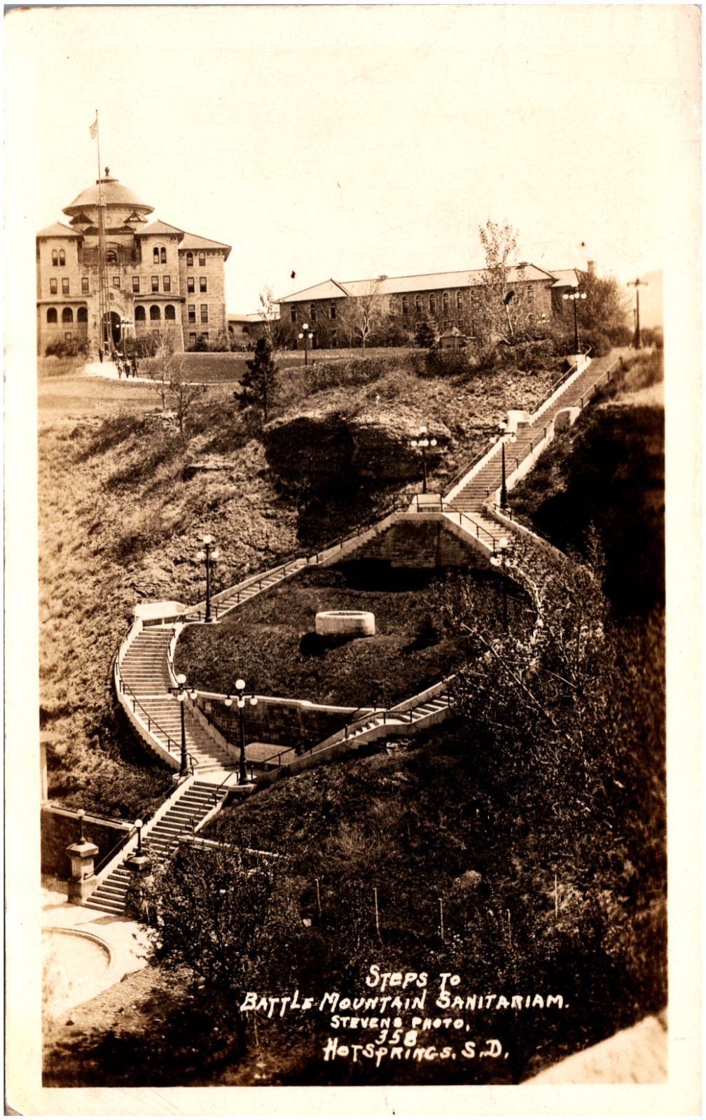 Steps to Battle Mountain Sanitarium Hot Springs South Dakota 1929 RPPC Postcard
