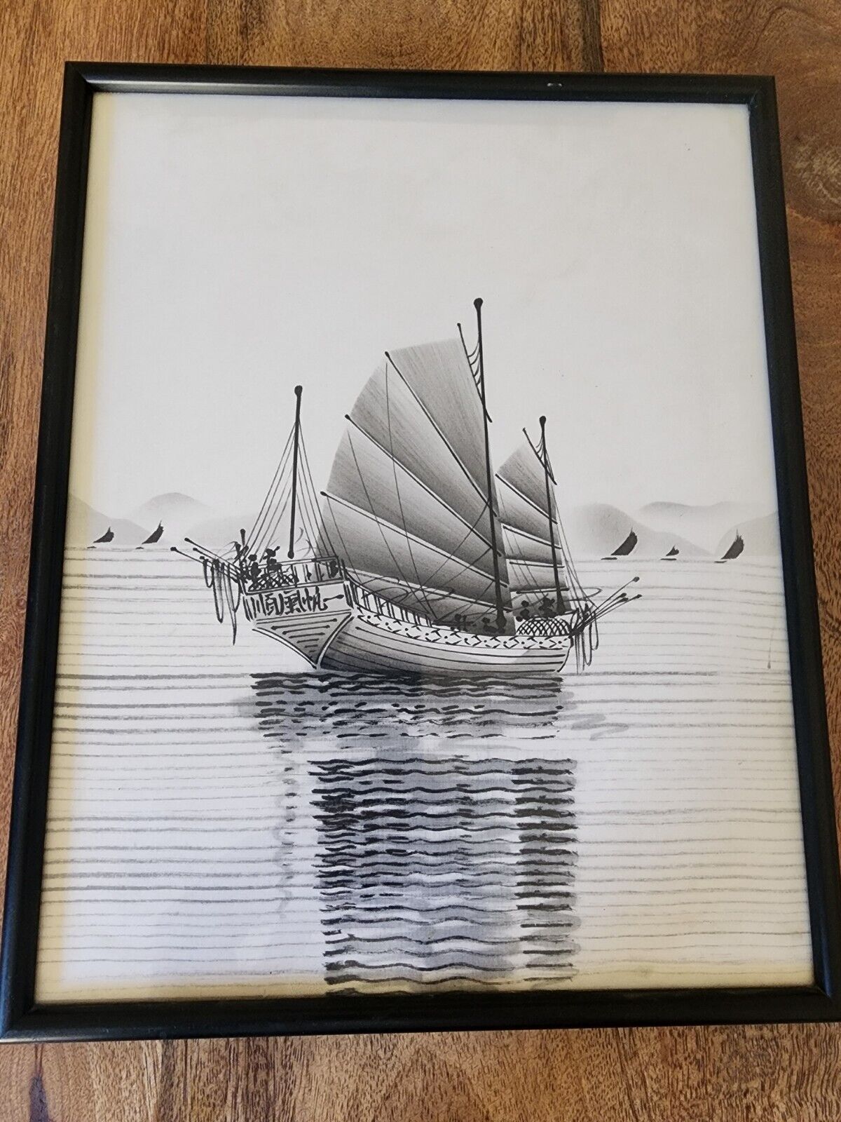 RARE 60-70s Asian Chinese Framed Wall Art Pen & Ink On Fabric Boat Drawing 
