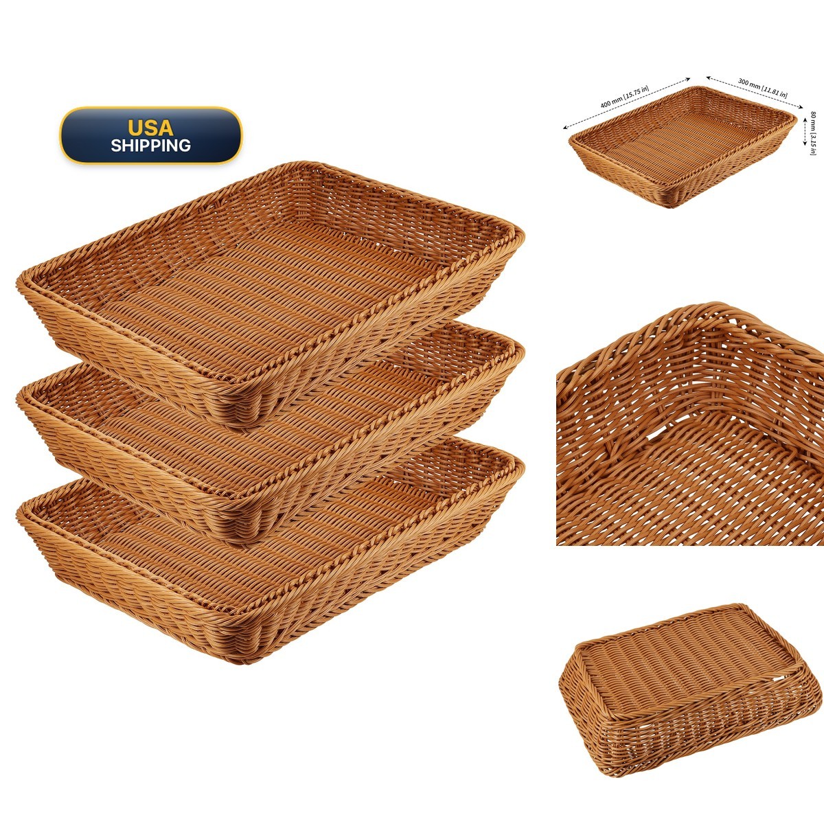MANCHAP 3 PCS 16 Inch Poly Wicker Bread Baskets Rectangle - Brown MANCHAP 3 PCS 16 Inch Poly Wicker Bread Baskets Rectangle - Brown