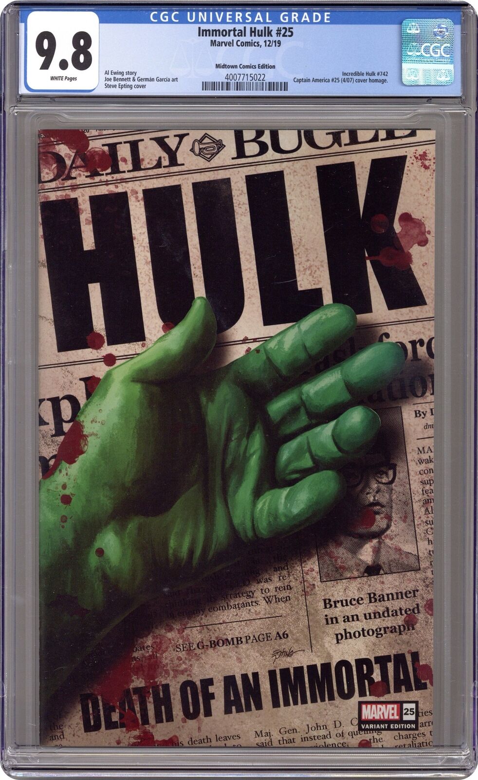 Immortal Hulk #25MIDTOWN CGC 9.8 2019 4007715022