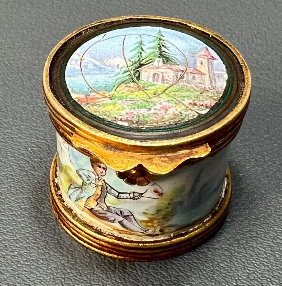 19c. Victorian French Palais Royal Enamel Gilt Brass Pill Box Romanticism Scene