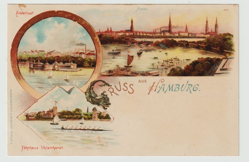+Int mint litho postcard greeting from Hamburg, various views including ferry house +. +Int mint litho postcard greeting from Hamburg, various views including ferry house +.