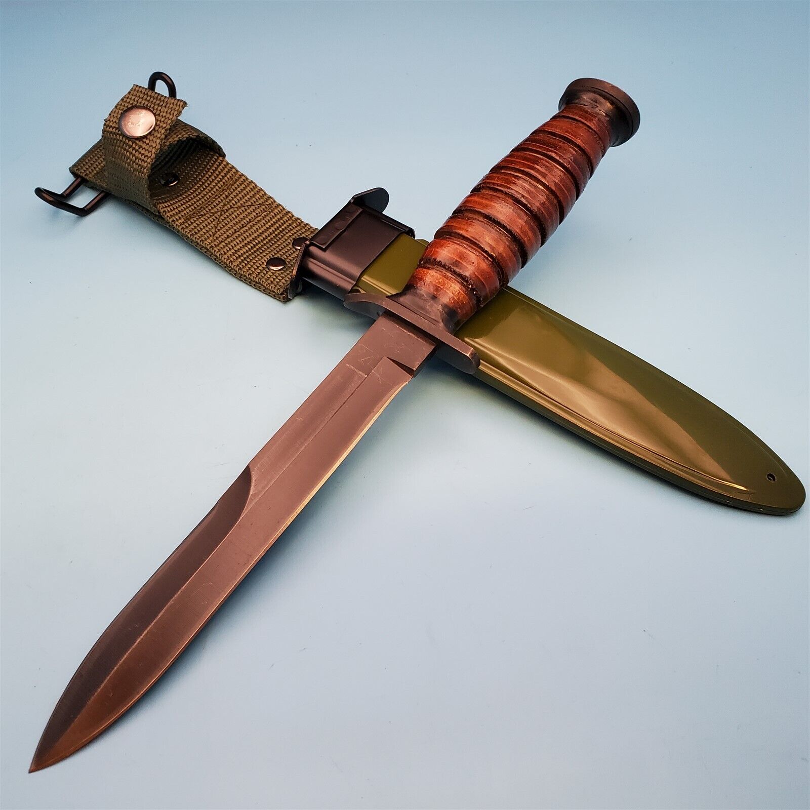 Fixed Blade Knife WWII M3 Military Style Reproduction Stacked Leather Handle
