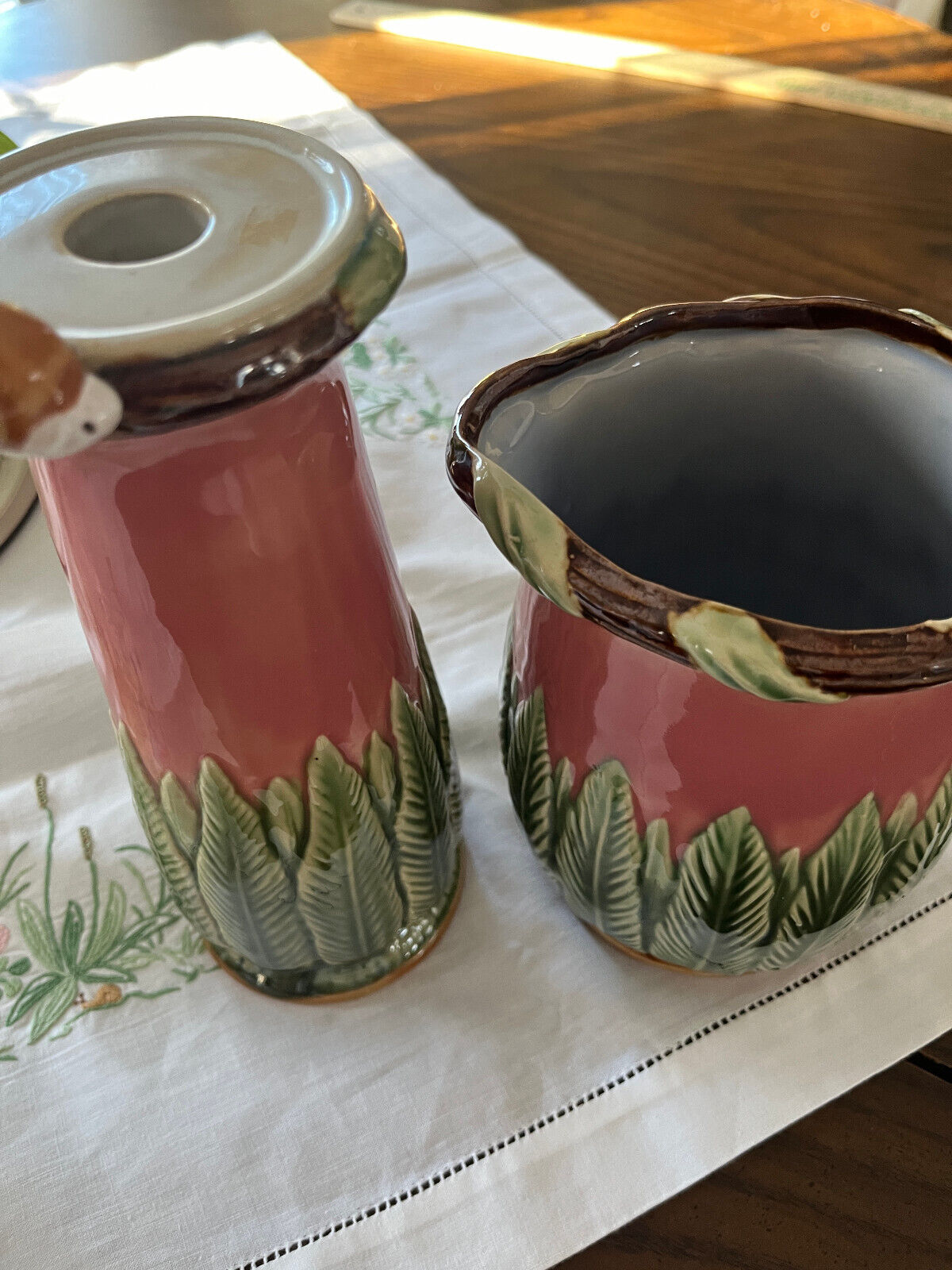 Art Nouveau Majolica Pottery Pitcher and Candle Holder  -  Beautiful set