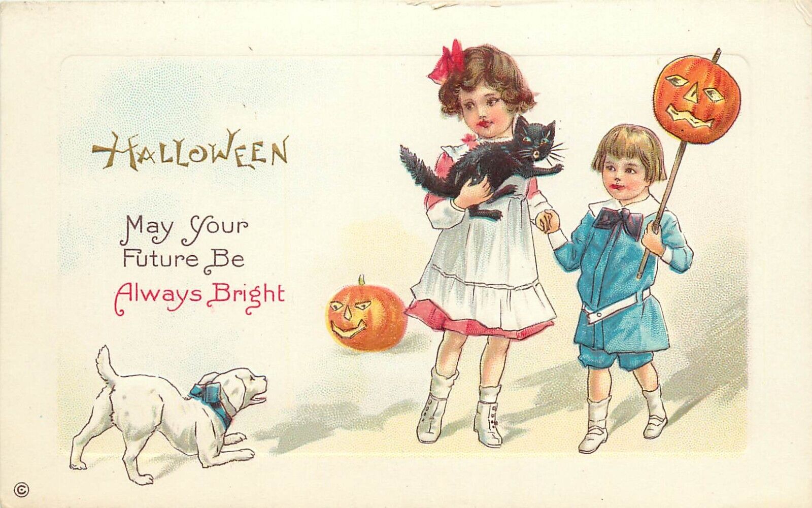 Stecher Embossed Halloween Postcard 339-E Children Black Cat JOL & Dog Unposted